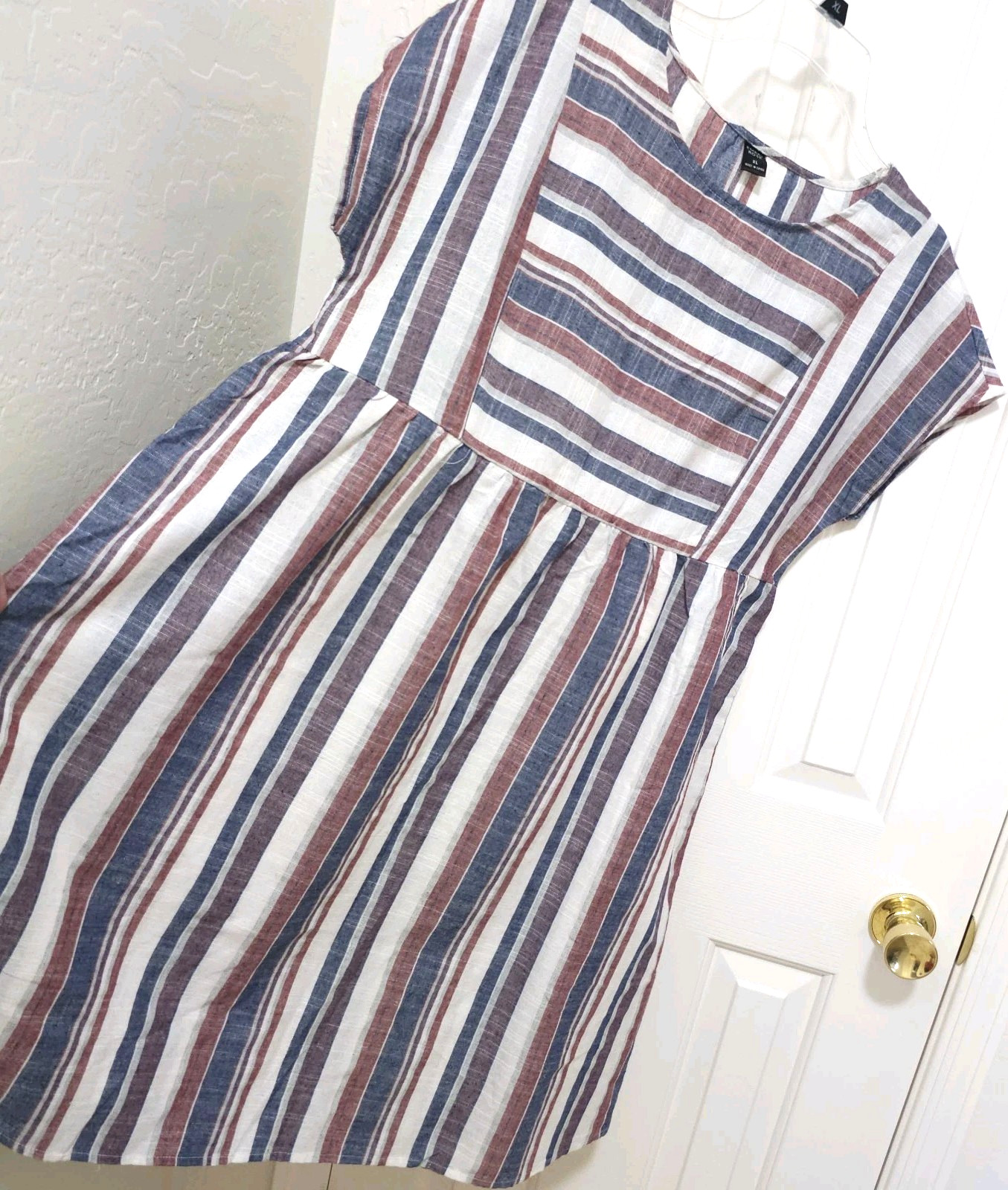 NEW Emery Rose XL Minimalist Dress Burgundy Blue White Striped THIN Short Sleeve