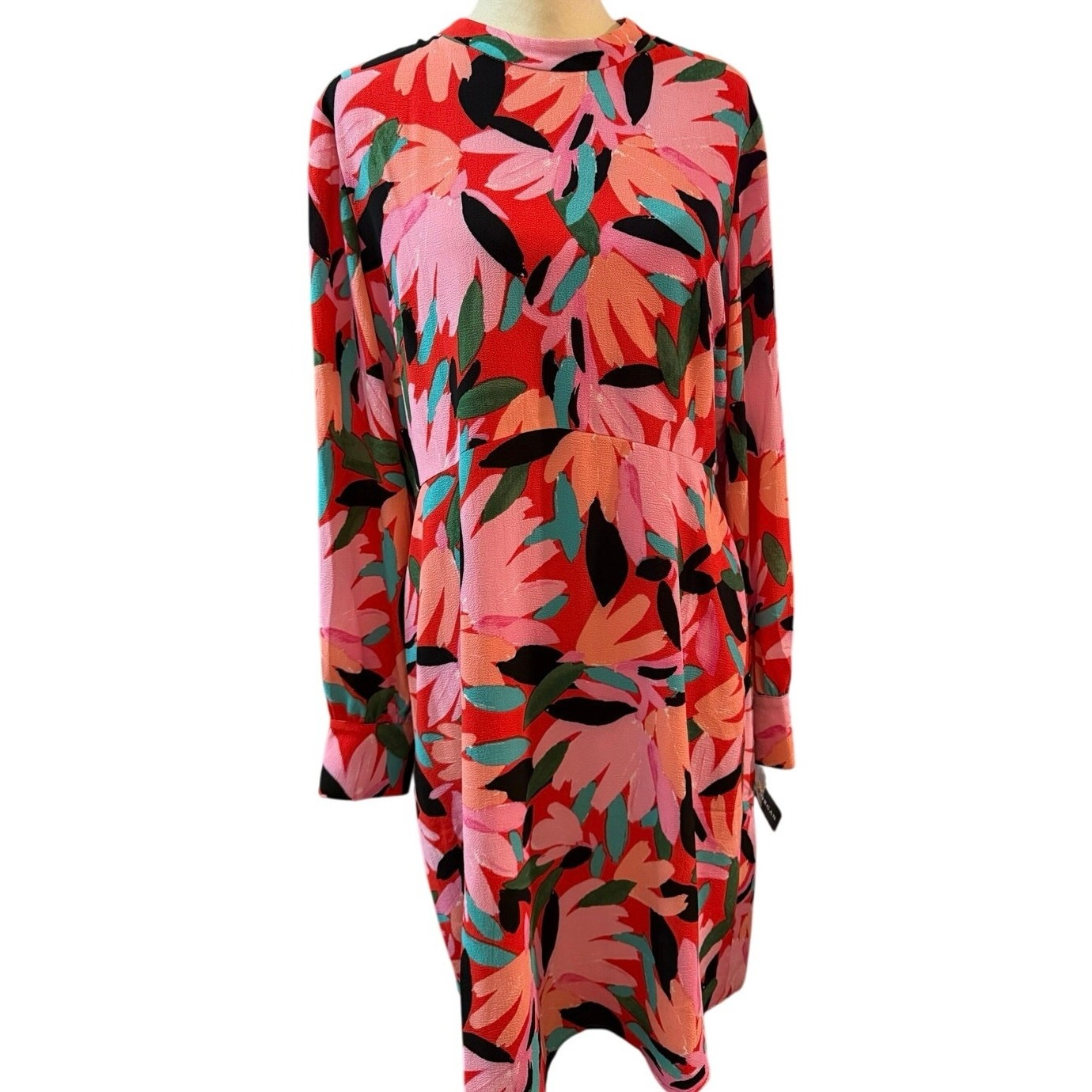Donna Morgan High Neck Floral Mini Dress Womens 14 Long Sleeves Button Cuff New