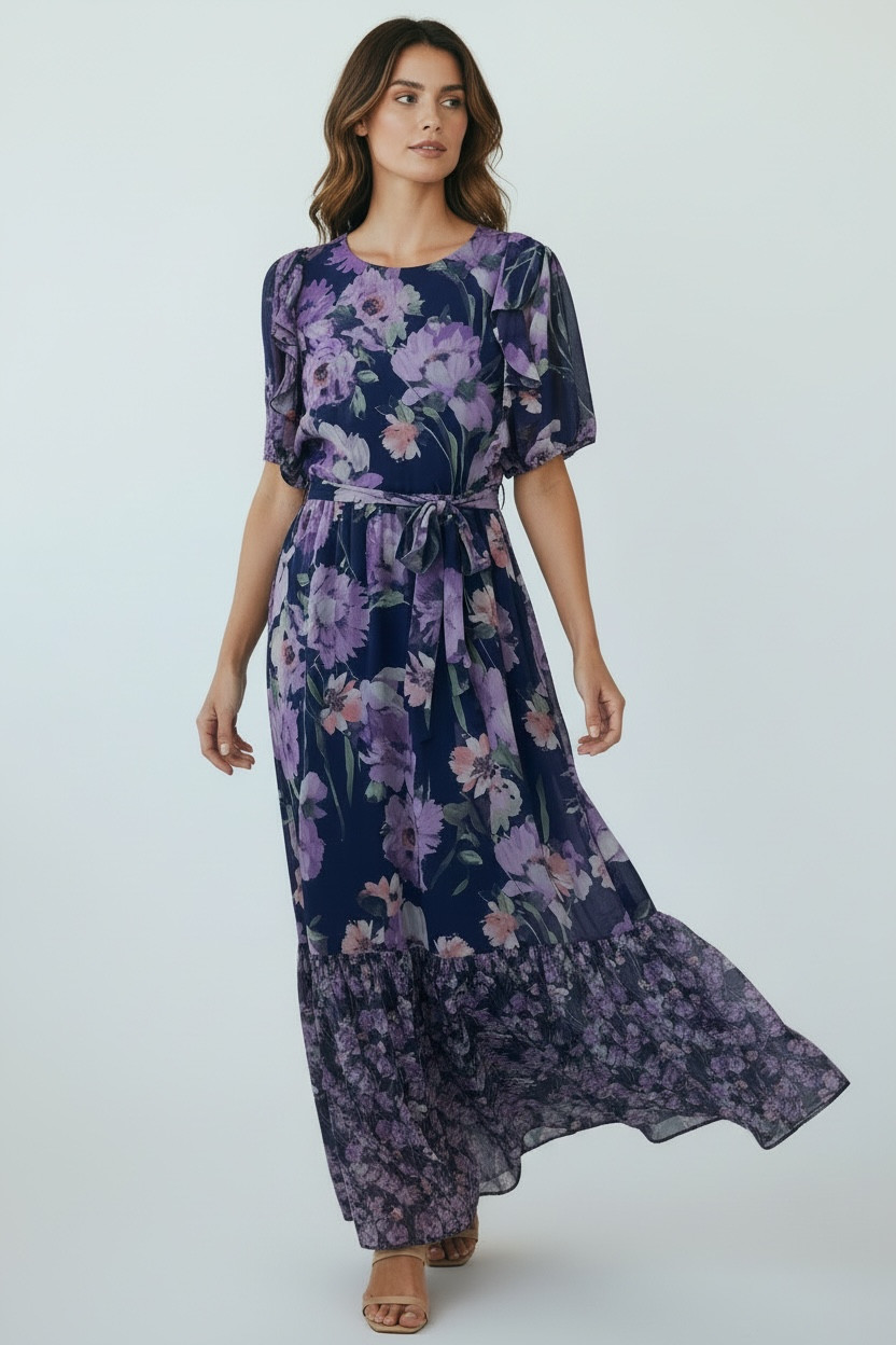 Shelby & Palmer Chiffon Cottagecore Floral Maxi Dress 16 Purple Navy Flutter