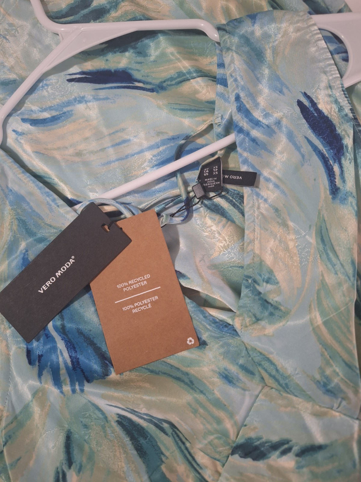 Vero Moda XS Seline Alba AquaBlue Green Abstract Maxi Dress Tie Back Sleeveless