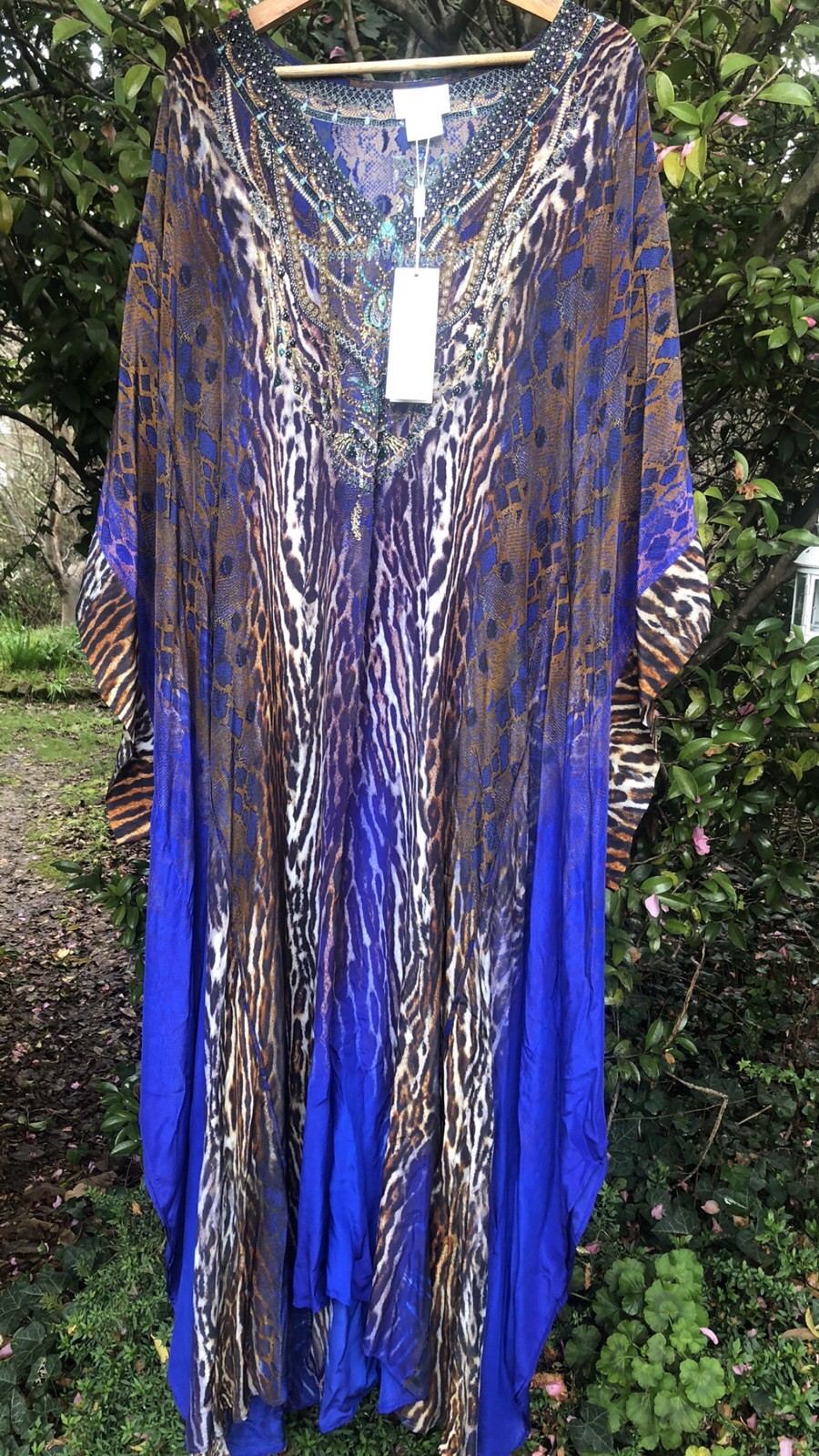 Camilla Panelled Sleeve V Neck Silk Long Kaftan.NWTags 💙🟤🔷“ Komodo Queen”.