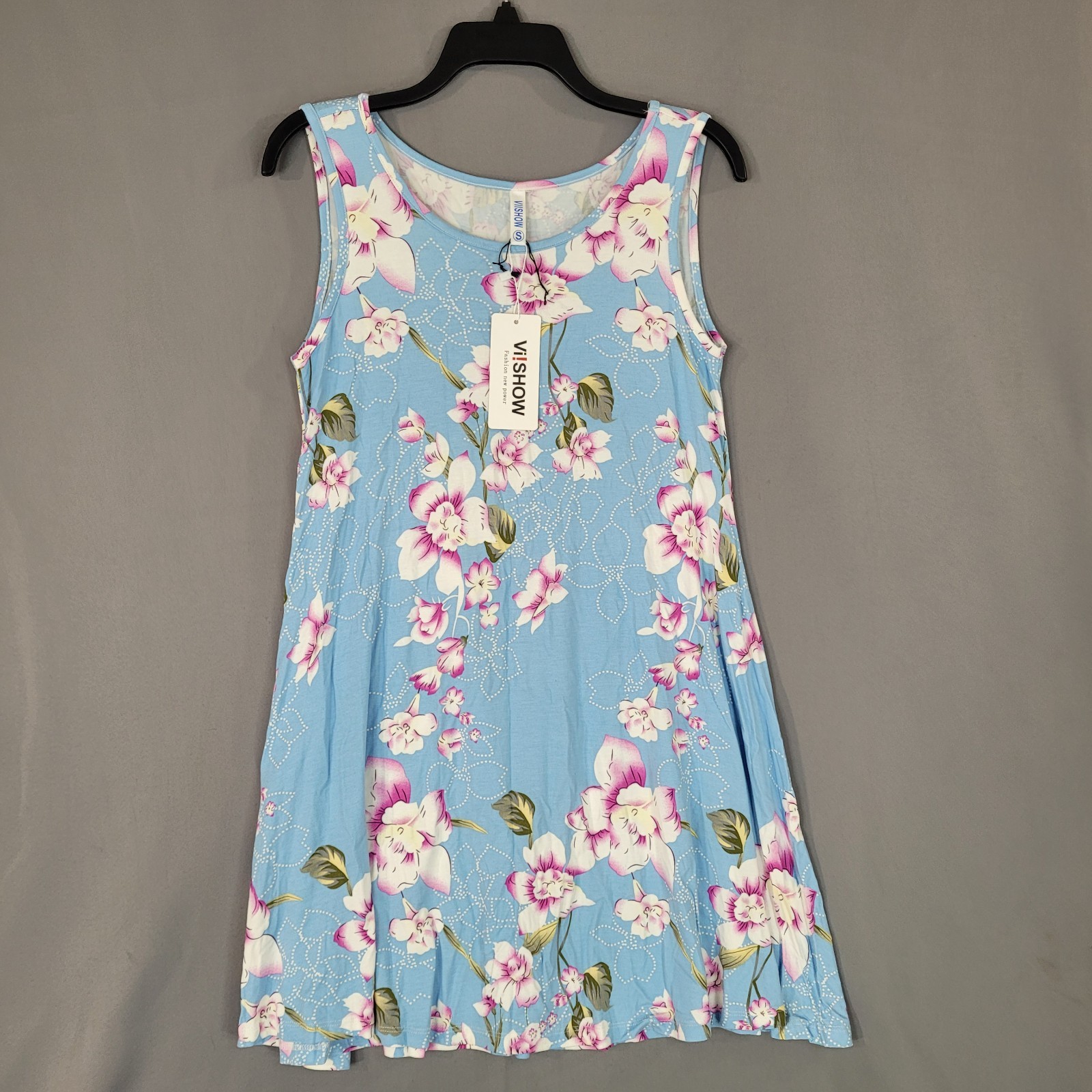 Viishow Women’s Blue Floral Sleeveless Rayon Spandex Dress S