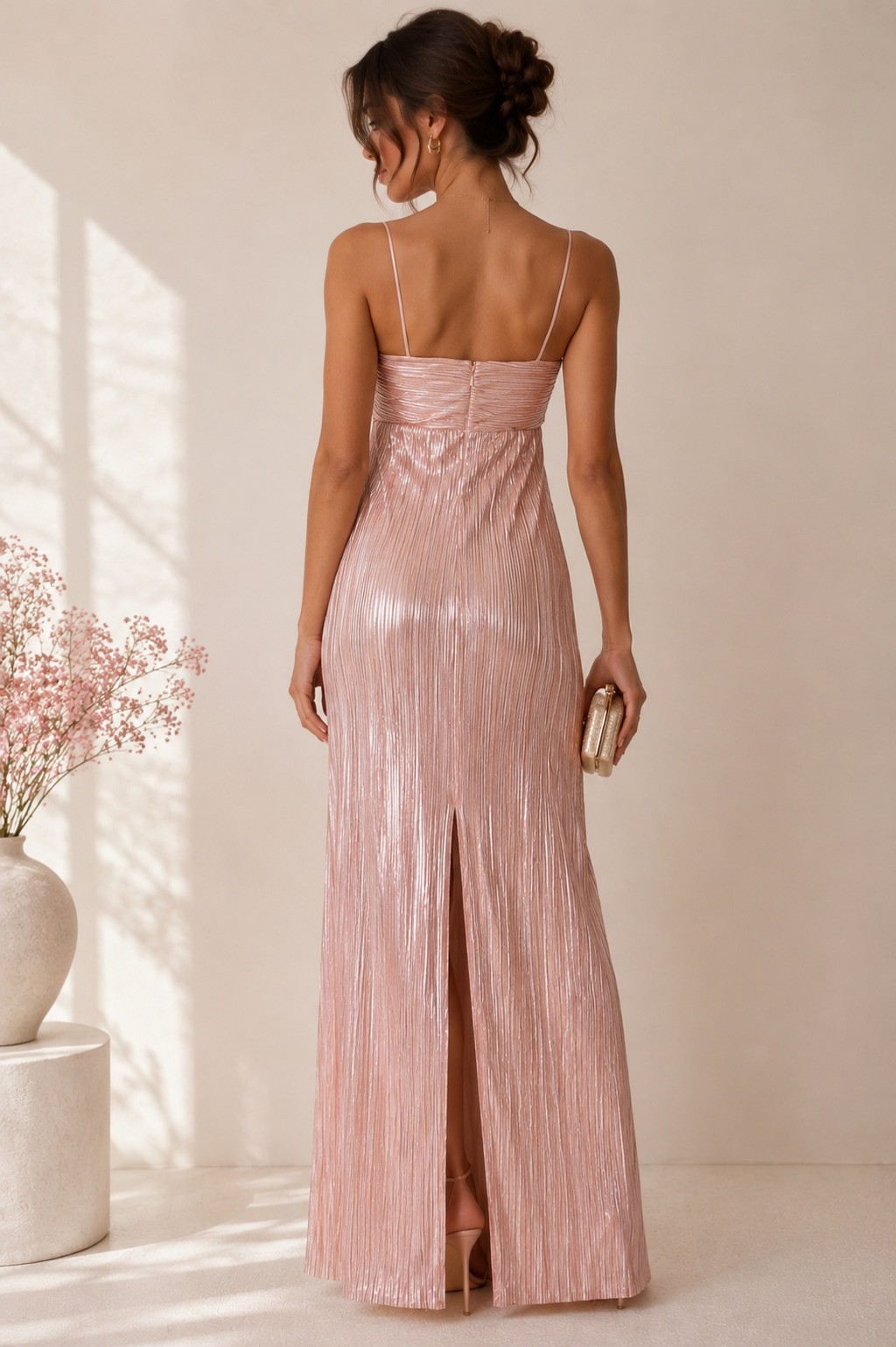 Lovers + Friends Mya Gown Light Pink Metallic Plissé Maxi Dress NWT Medium