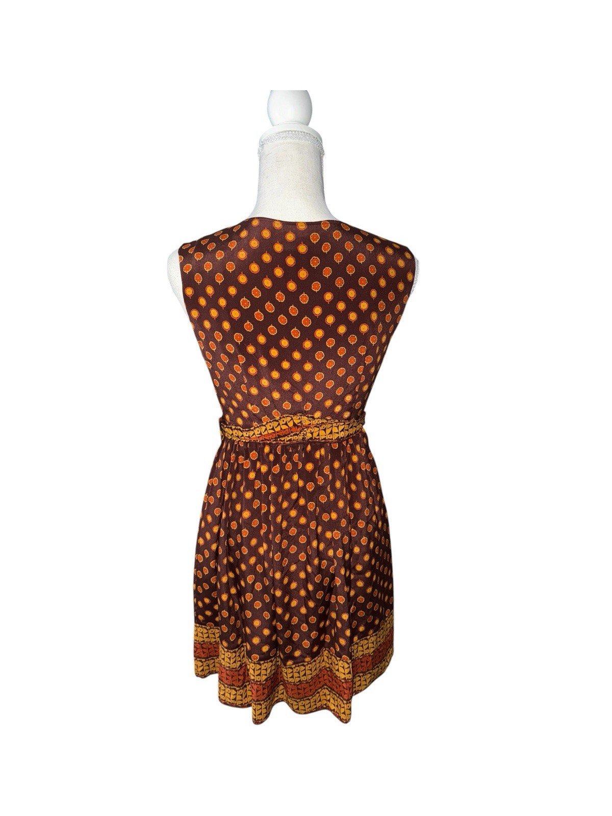 Anna Sui Silk Chiffon Wrap Dress Polka Dot Brown Orange Yellow Lined S