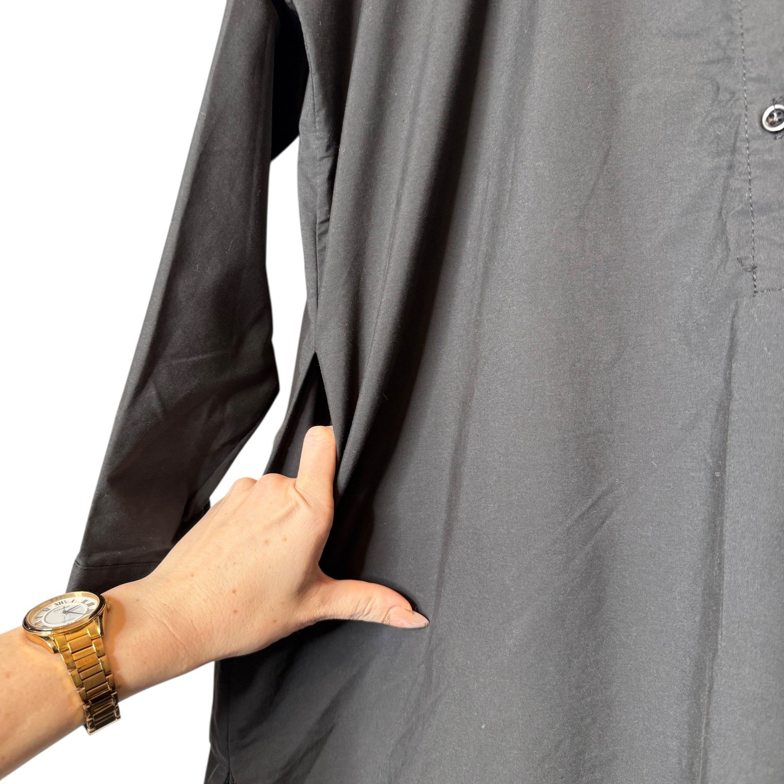 REFKA Cotton Midi High Low Embroidered Shirt Dress Black Relaxed Popover size 8