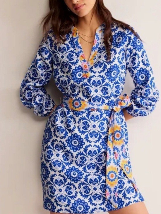 Boden Cleo Tie Waist Linen Mosaic Bloom Dress Size 10