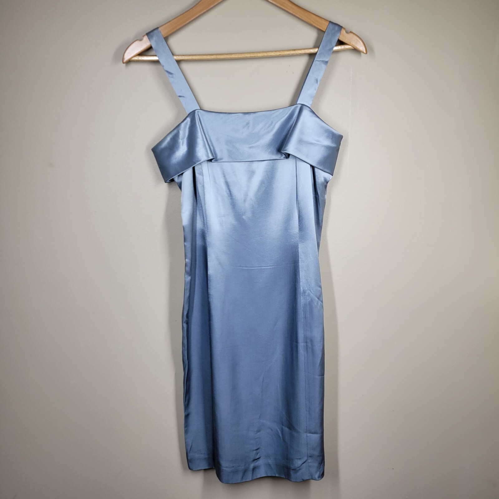 Vintage 80s 90s YL By Yair Dusty Blue Sleeveless Satin Mini Dress 2 Back Zip