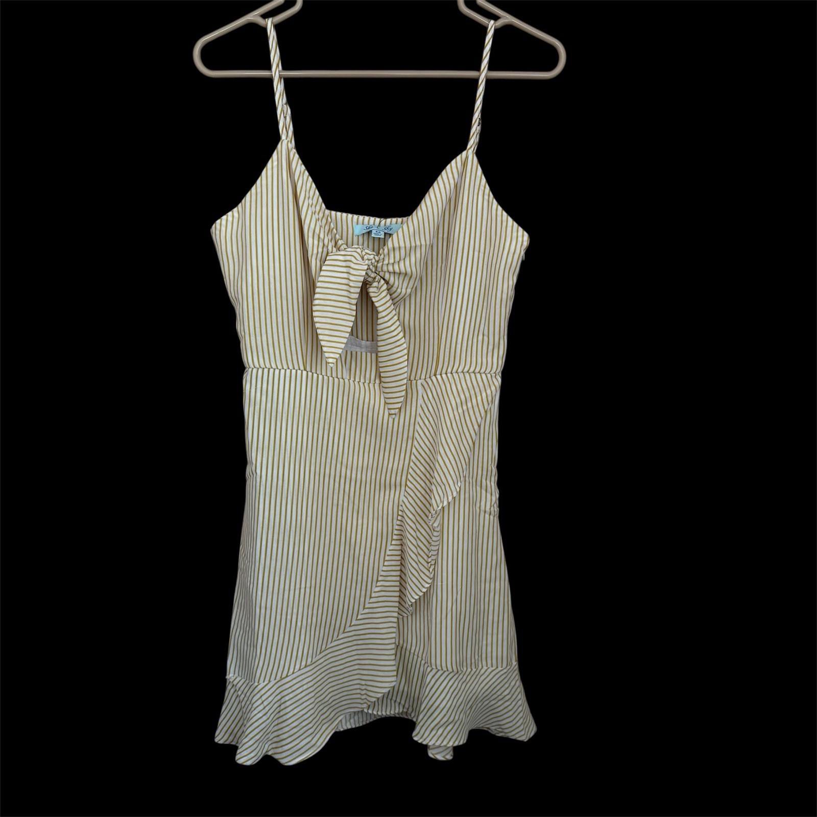 Boho Yellow White Striped Tie Front Ruffle Mini Dress Size M NWT Cottage Coastal