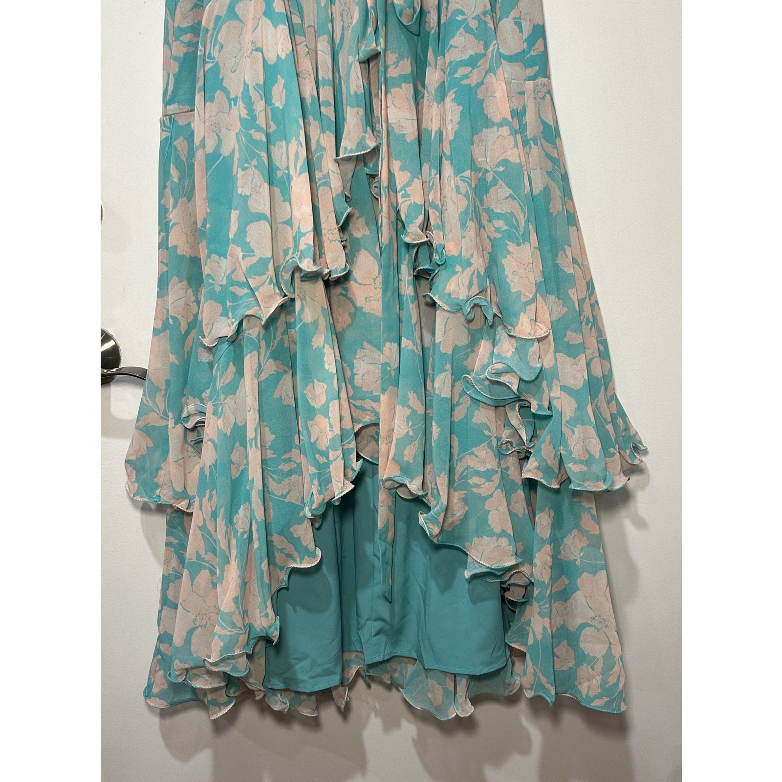 Hutch Trinity Ruffled Chiffon Wrap Maxi Dress Teal Floral Size Large NWT Wedding