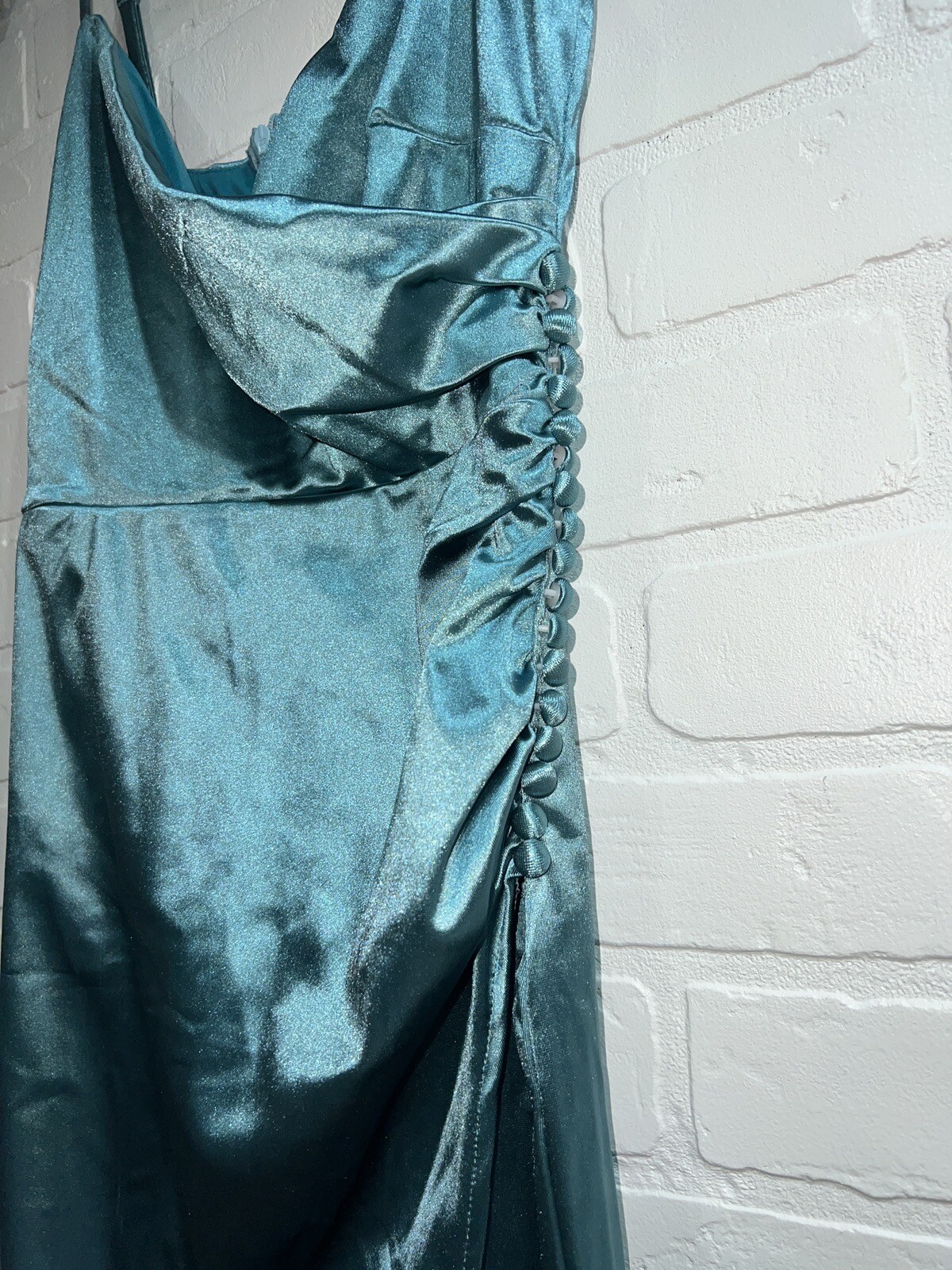 NEW! ADYCE Ruched Split Thigh Sating Formal Dress Gown BLUE Size XS