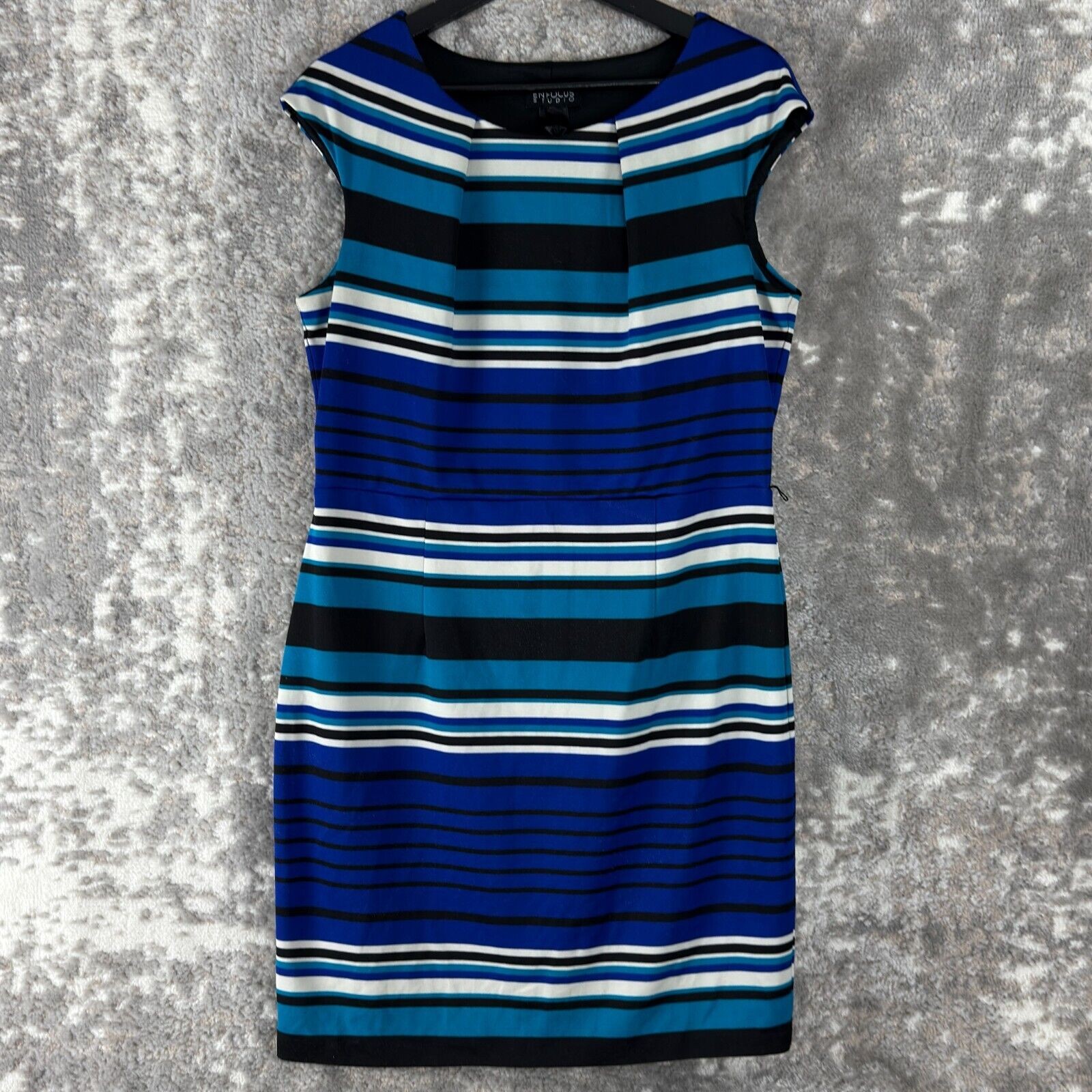 En Focus Studio Size S Striped S Cap Sleeve Sheath Knee Length Dress Blue