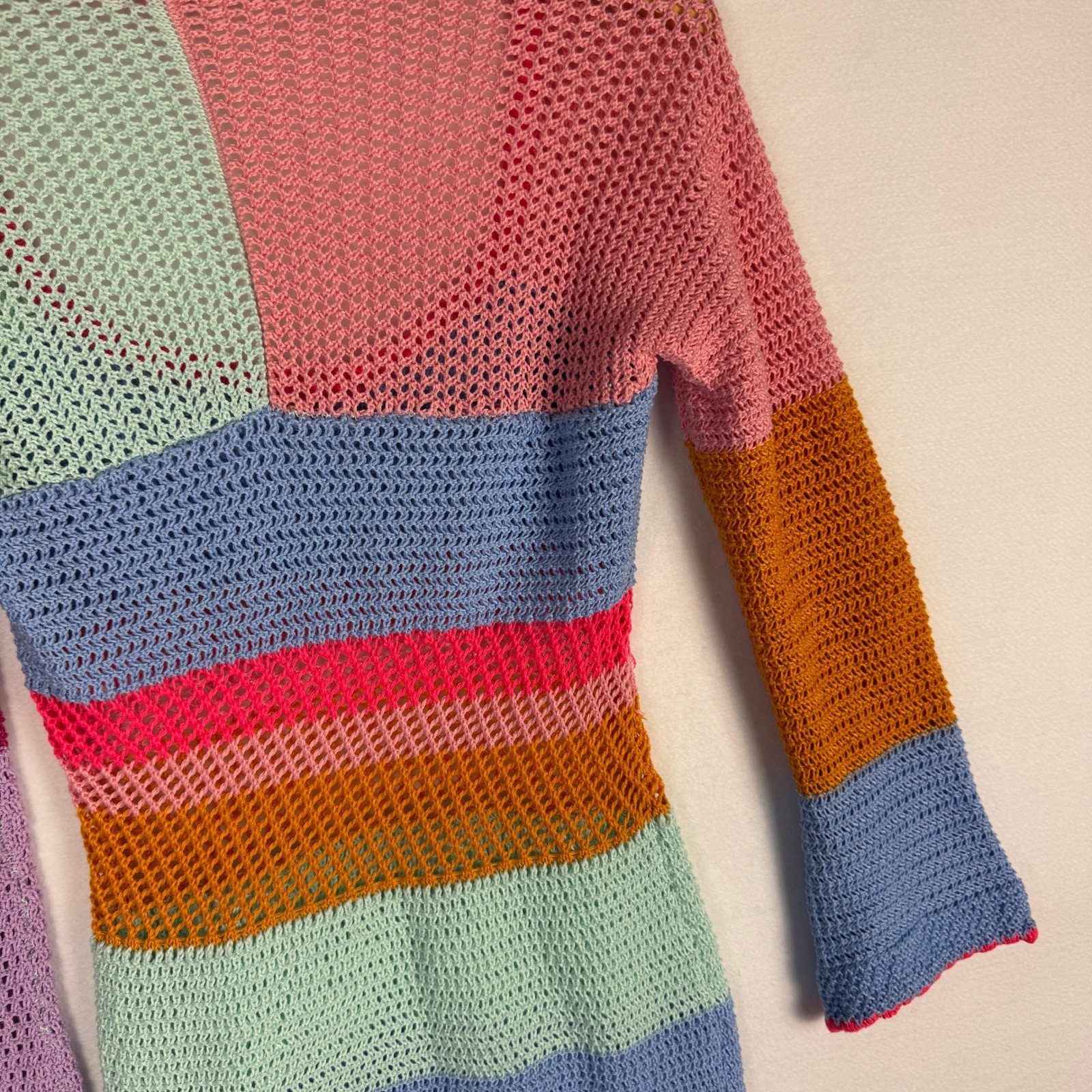 Multicolor Crochet Mini Dress Bell Sleeve Striped Open Knit Festival Boho M