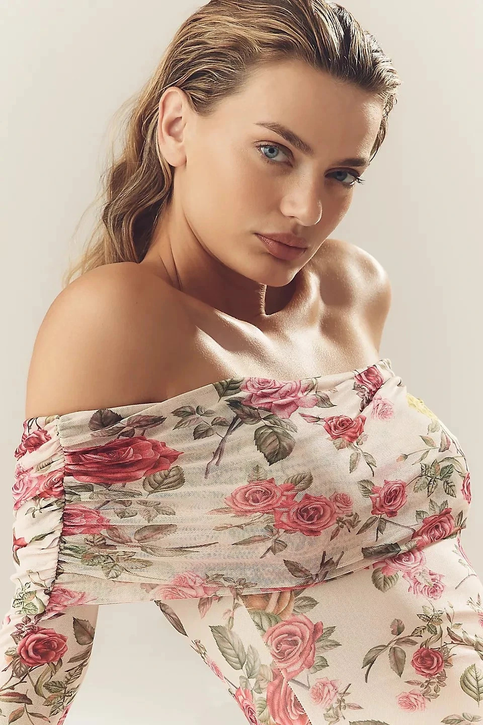 Anthropologie AFRM Off-The-Shoulder Maxi Dress Pink Roses Body-Con NWT
