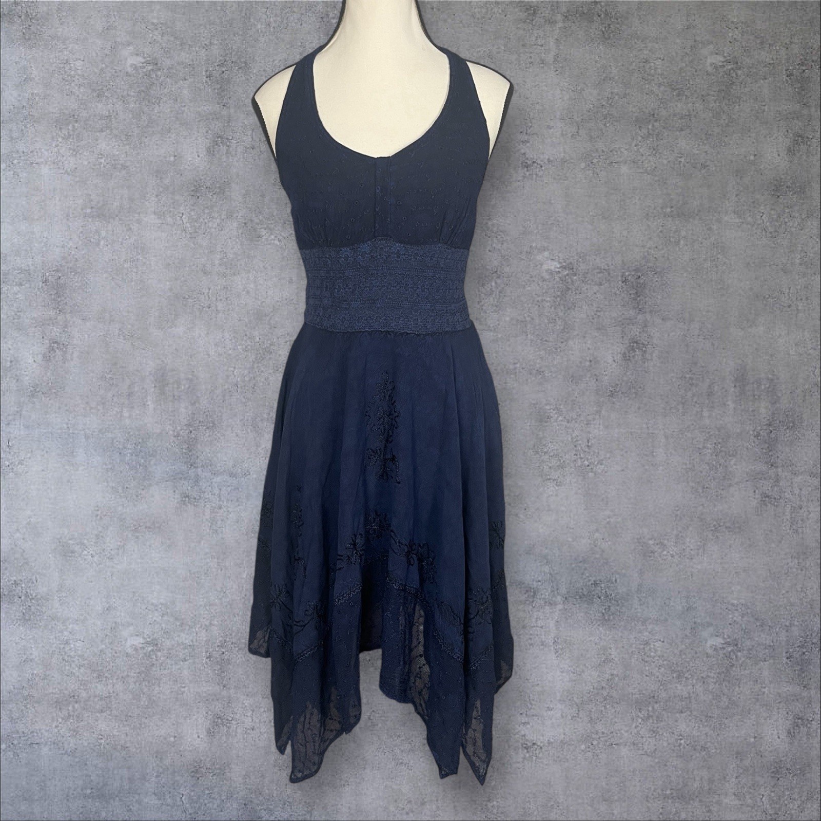 Boho Halter Handkerchief Hem Midi Dress Embroidered Lace Fairy Cottage Whimsical