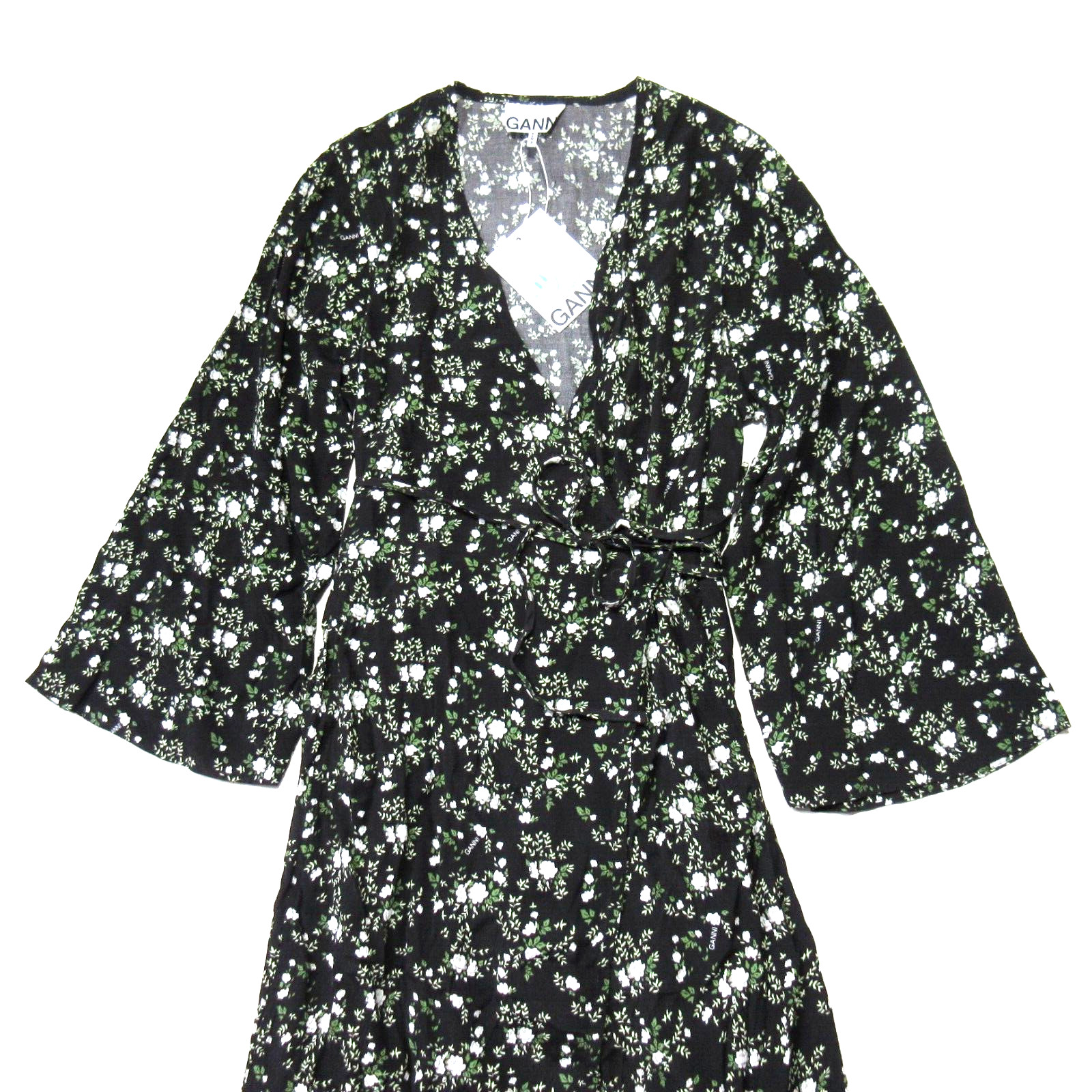 NWT GANNI Floral Printed Crepe Wrap Midi in Phantom Black Dress 34 US 2 $285