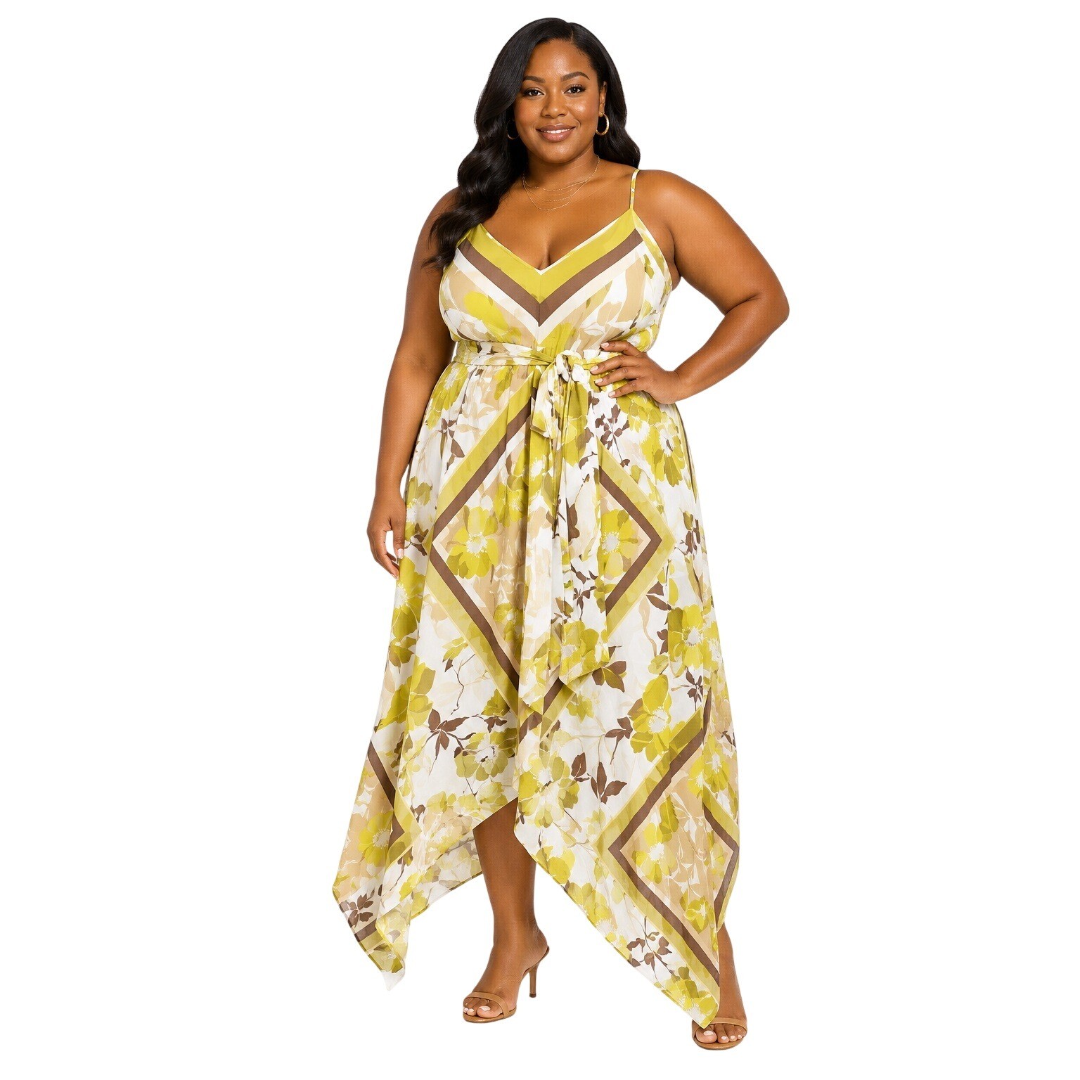 New York & Company Scarf Print Handkerchief Hem Maxi Dress Yellow Tan XXL NWT