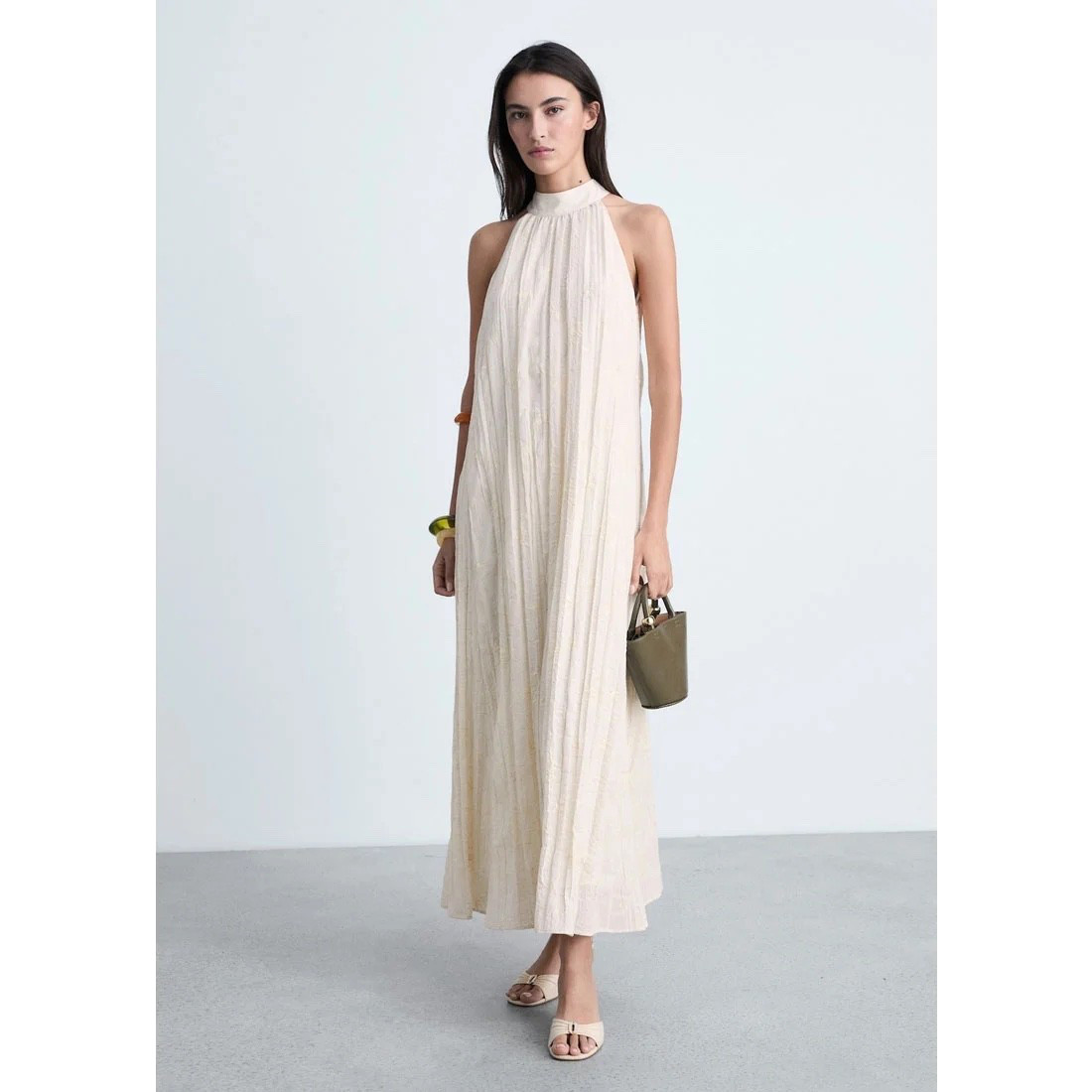 MANGO MNG Womens TRISH-A Pleated Halter Neck Tie Maxi Dress in Ivory size M/US 6