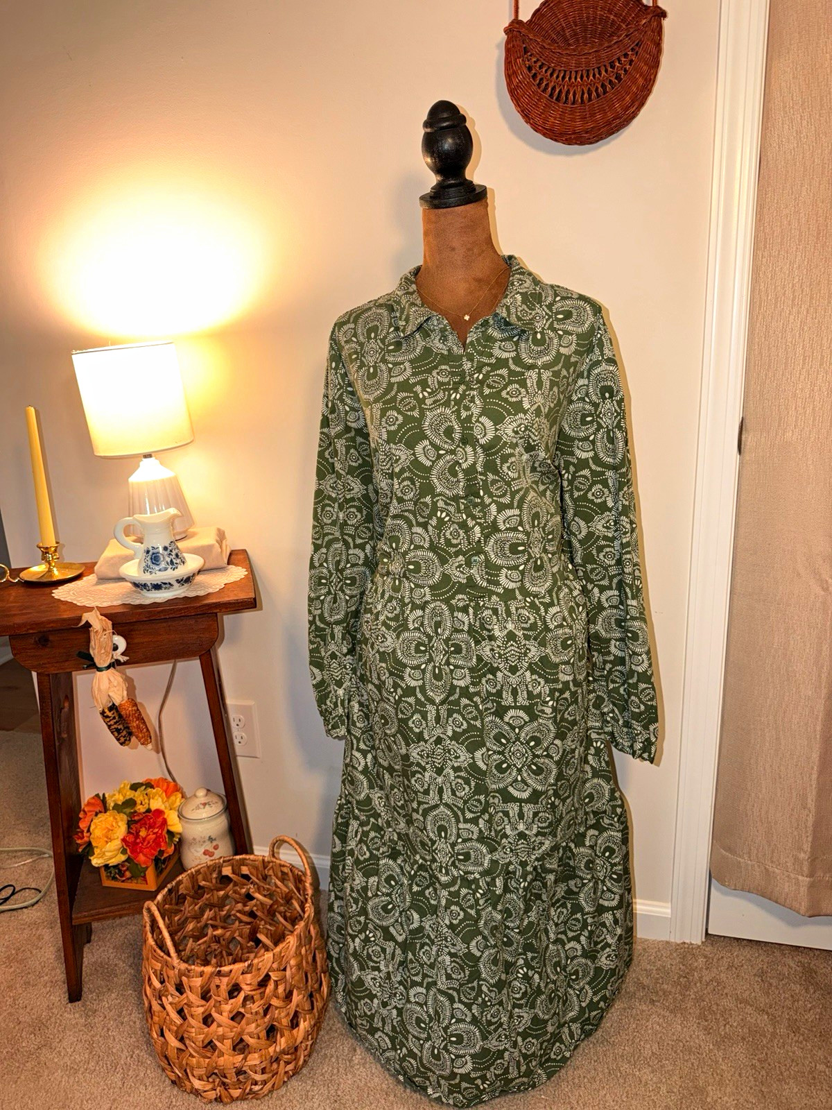 Lane Bryant Green White Floral Button Collared Long Sleeve Midi Shirt Dress 18