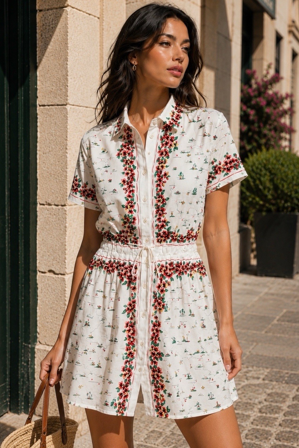 J Crew Map Print Shirt Dress Womens 10 Floral Mini Cotton Poplin Cerise Vacation