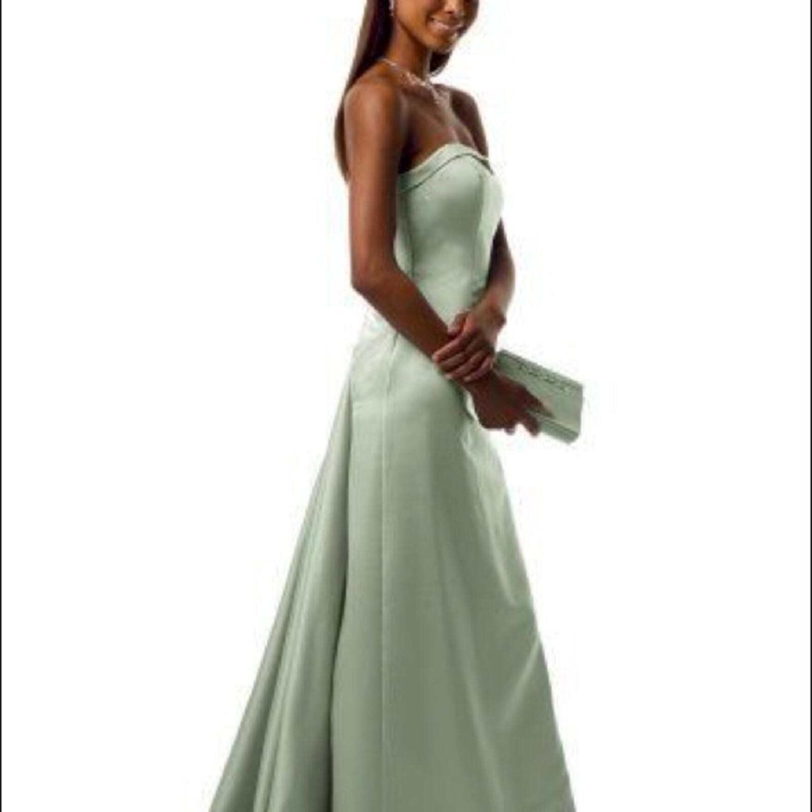 DAVID’S BRIDAL Dusty Sage Green Strapless Sweetheart Neck A-Line Gown With Train