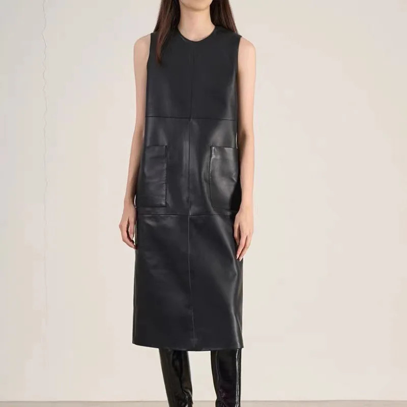 Evening Leather Dresses Spring Autumn Sleeveless Straight Vestido Length Gowns