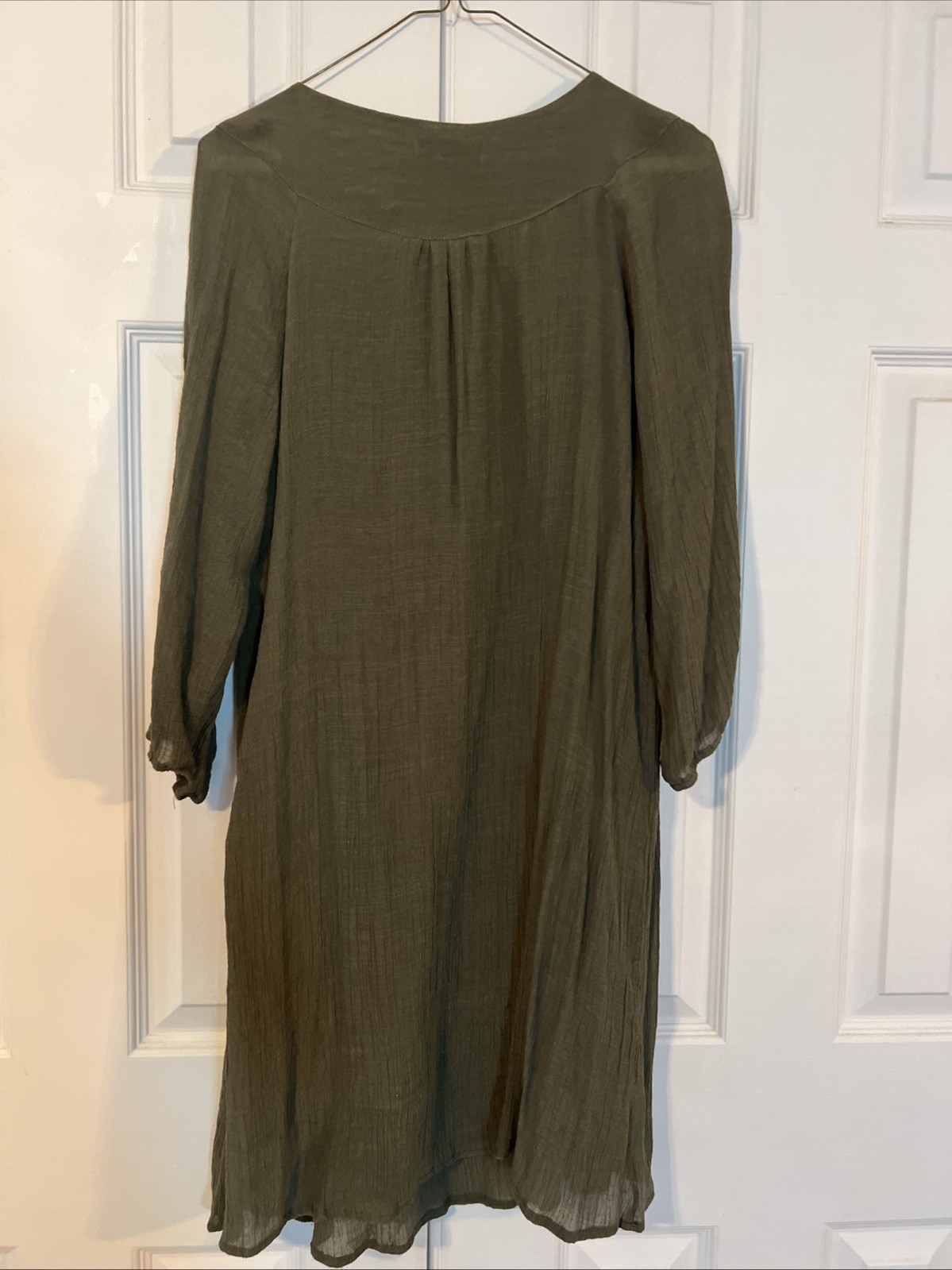Indigo Rose Green Boho Crochet Lace Mini Dress 3/4 Sleeve Wood Bead Tie Neck L