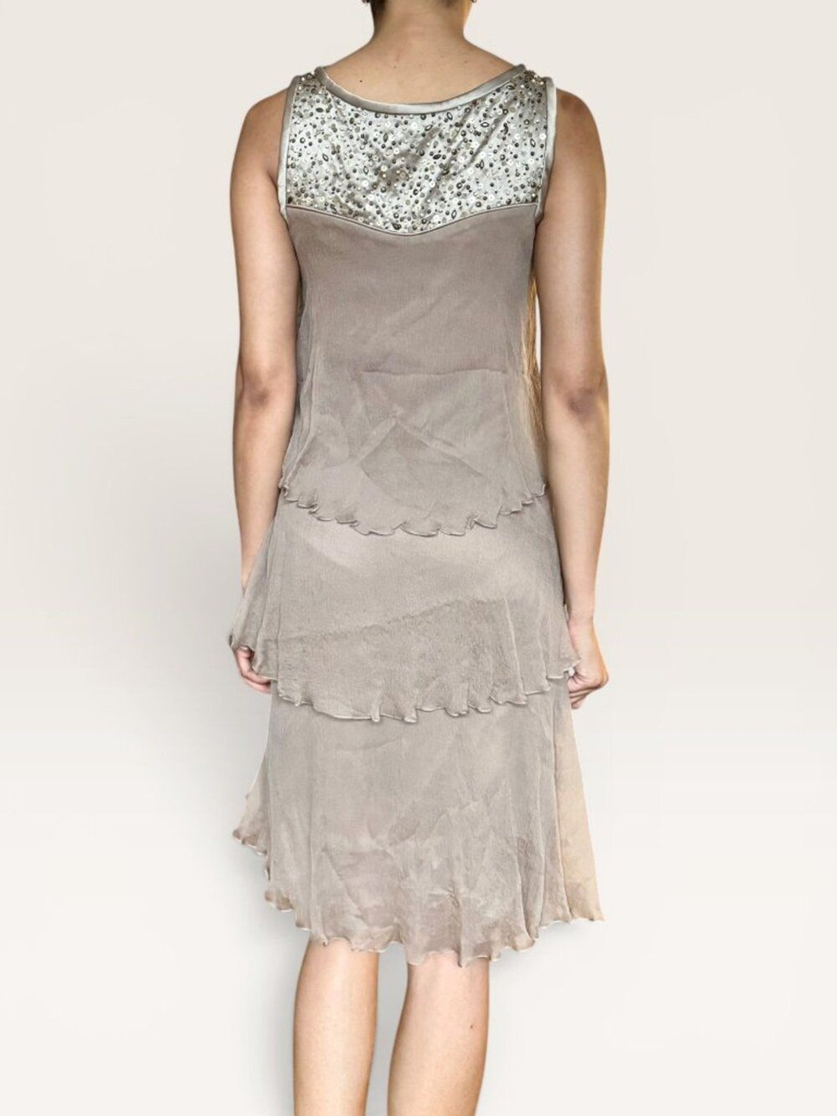 Carlos Miele 100% Silk Beaded Sequin Tiered Chiffon Cocktail Dress Taupe Size 40