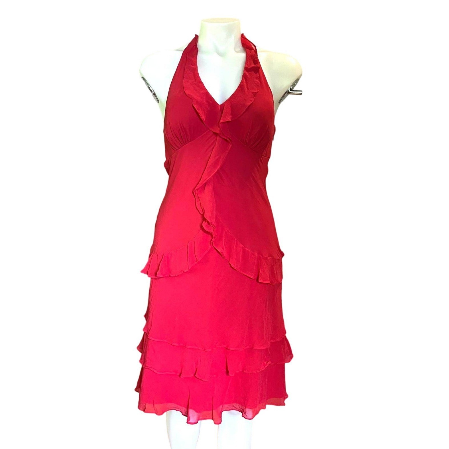 Sangria 100% Silk Red Ruffle Halter Dress Y2K Style Cocktail Party Sz 6 Romantic