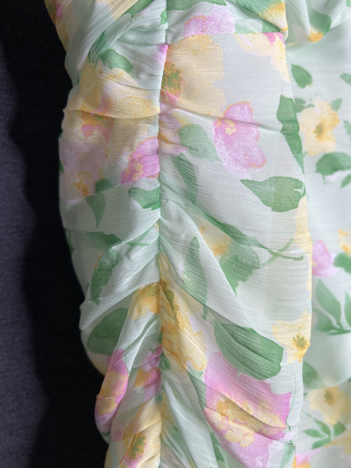 Elodie Floral Mini Chiffon Ruched Ruffle Dress Green Lined Sleeveless Women XL