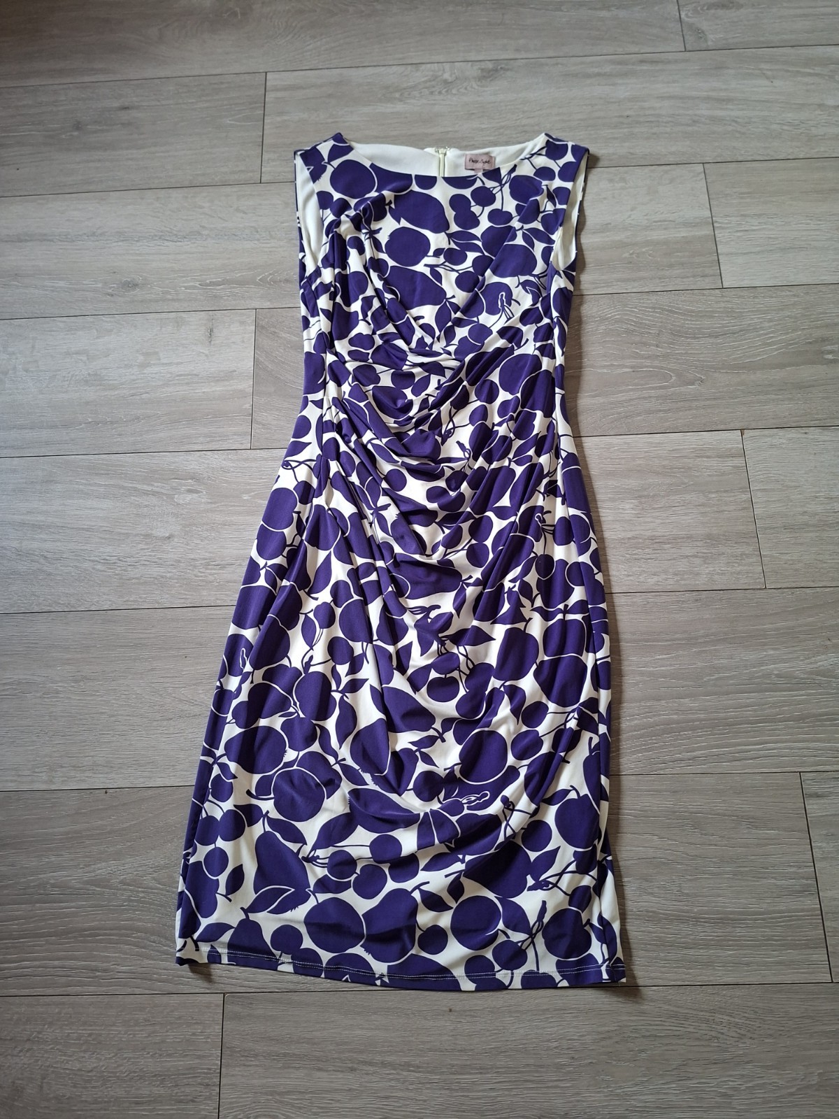 Phase Eight White & Purple Fruit Print Bodycon Dress Shift Ruched Wiggle UK14