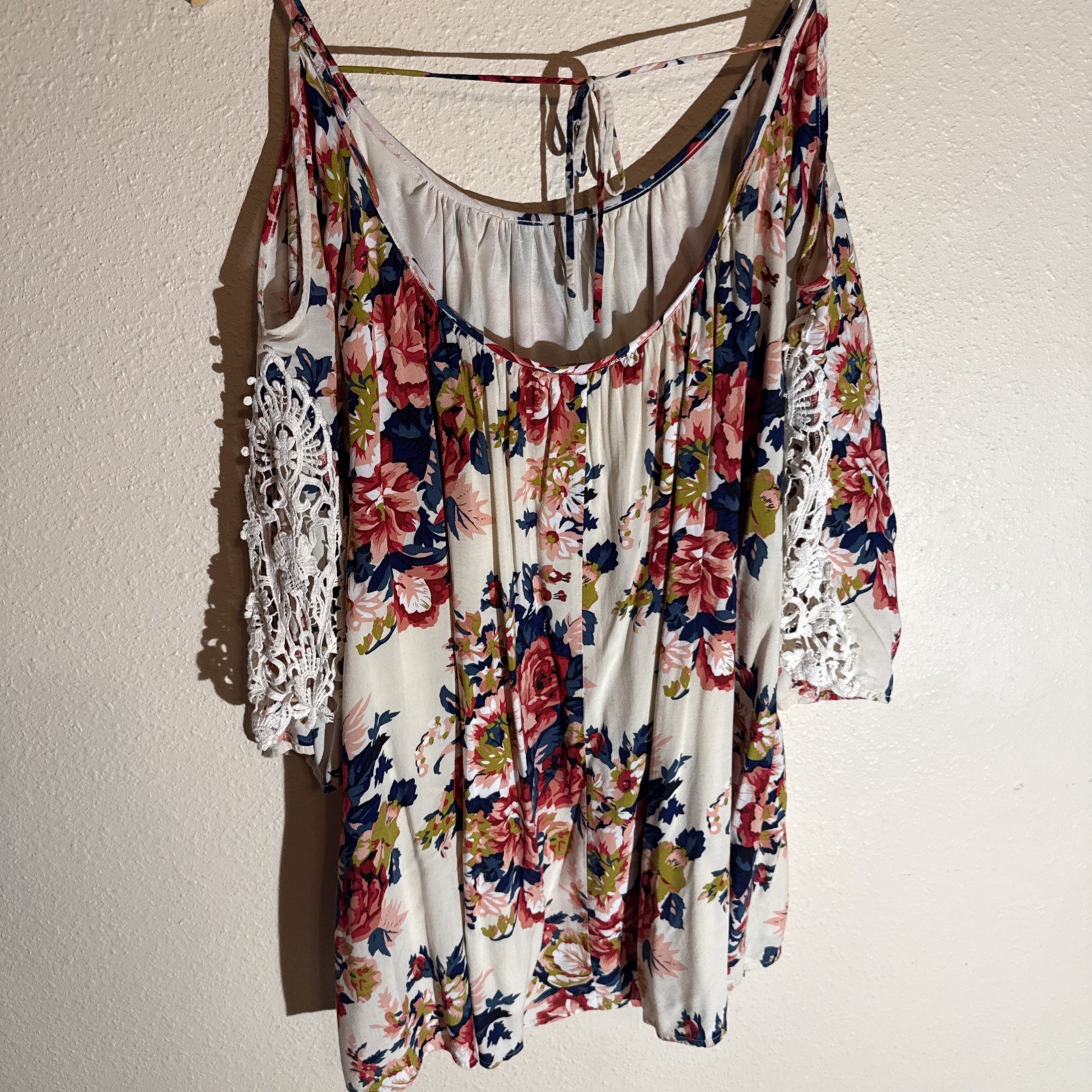 Umgee Med. Floral Boho Off Shoulder Mini Dress Crocheted Detailing Cotton Blend