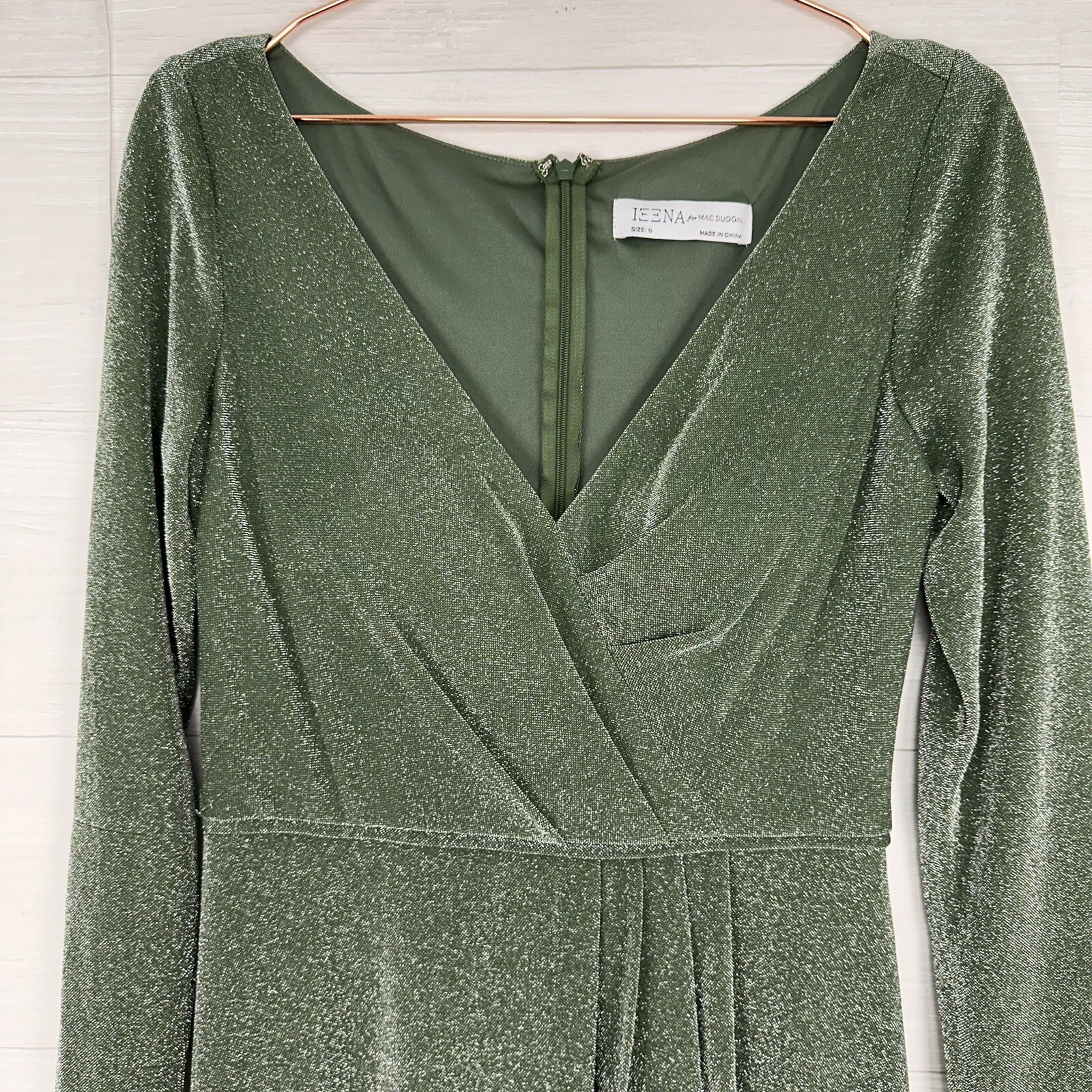 Mac Duggal Ieena Evening Gown Size 6 Long Sleeve Faux Wrap Jade Green Sparkly