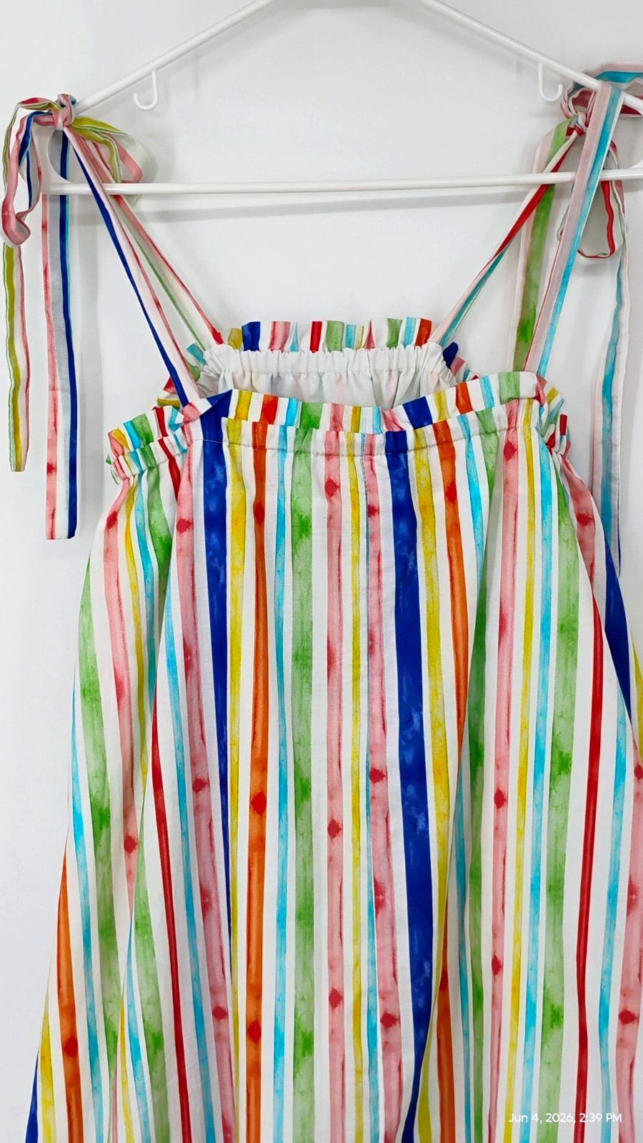 NEW $180 Brooke Wright Rainbow Stripe Dress 100% Cotton Spaghetti Straps Lined M