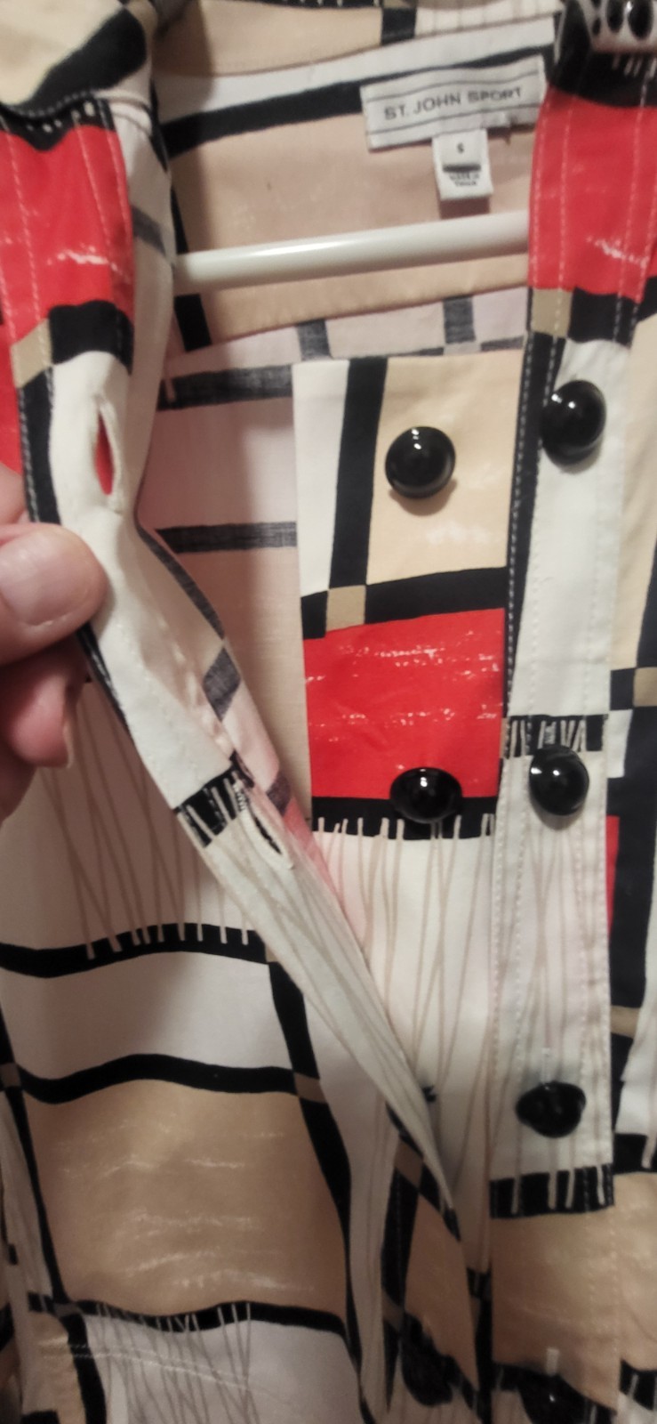 ST JOHN SPORT White Red BlackBeige Mondrian Print & Stud Collar Shirt Dress S