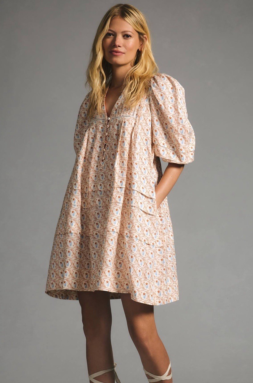 Hunter Bell Jenkins Pleated Dress Puff Sleeves, Buttons, Pockets, Linen Sz Large
