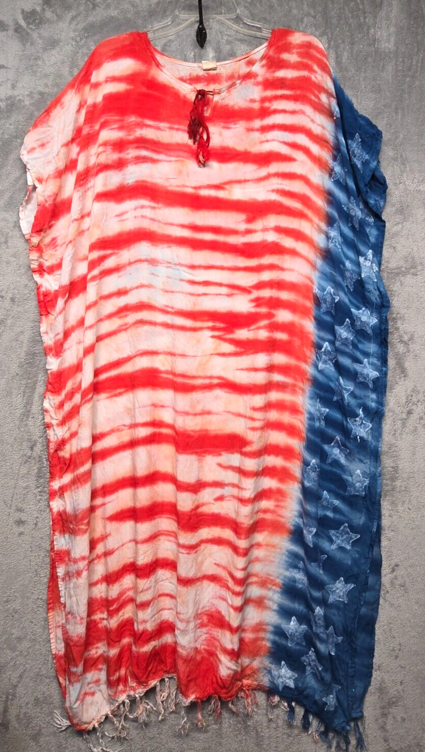 Riviera Sun Dress Womens Large Red White Blue Kaftan Boho Hippie Beach Cover Up