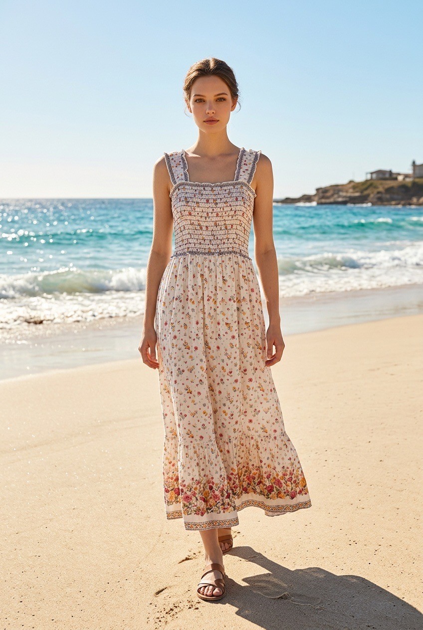 NWT Max Studio London XS Floral Smocked Maxi Dress Cotton Boho Cottagecore