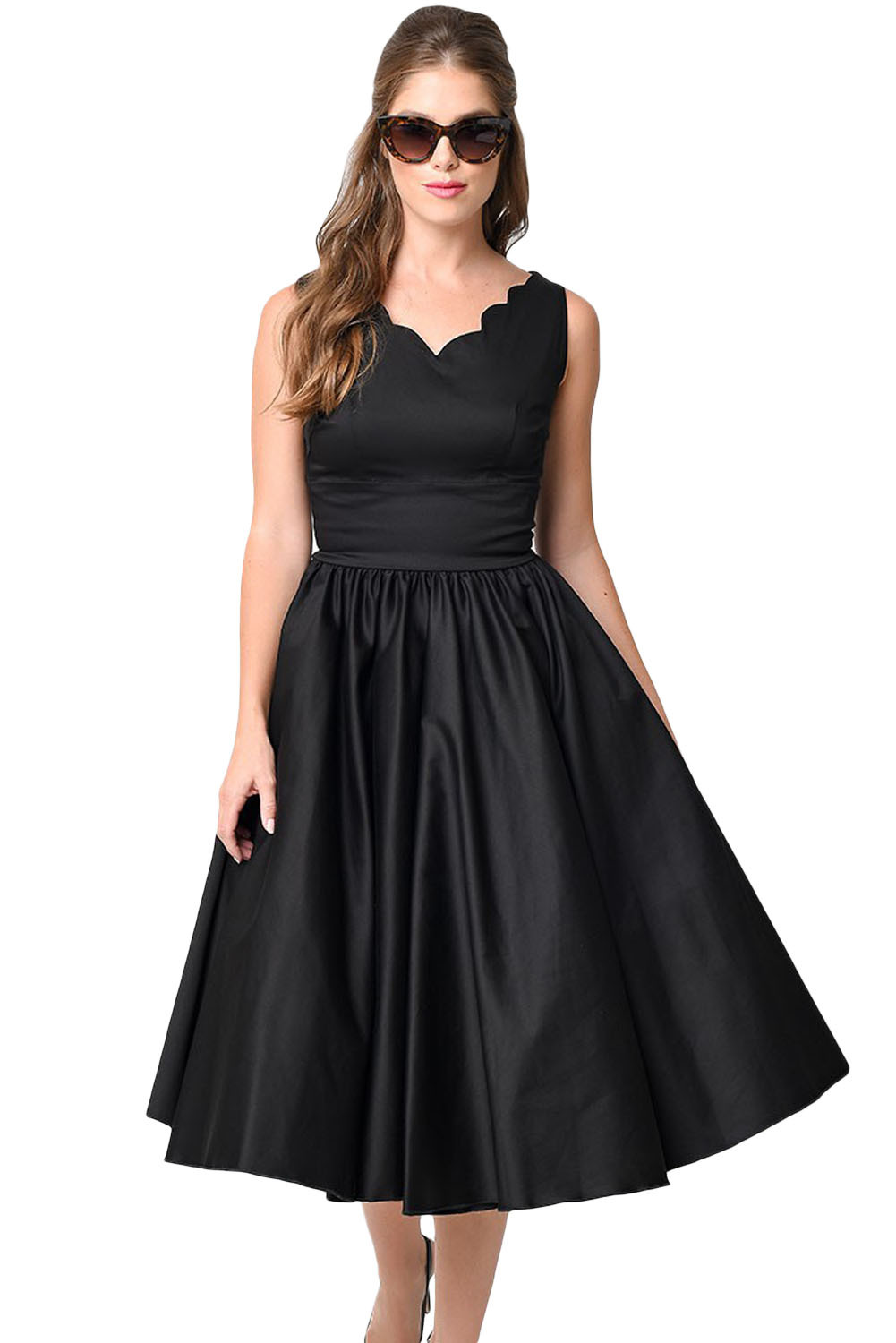 Black Scallop Neck Cinched Waist Ladylike Vintage Midi Dress Medium