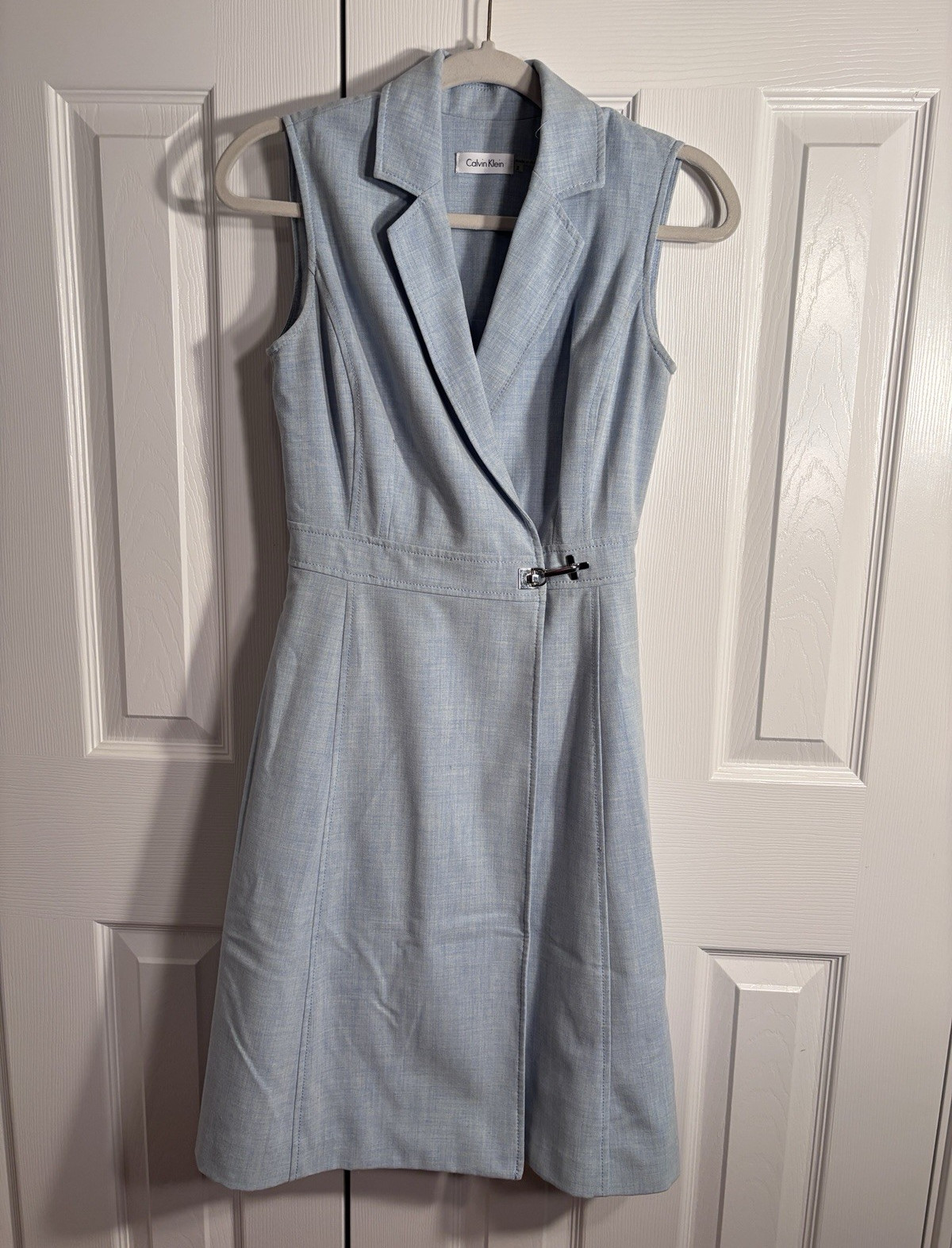 Calvin Klein Pale Blue A-Line Dress, Size 2 Preppy Professional Buckle Wrap FCP