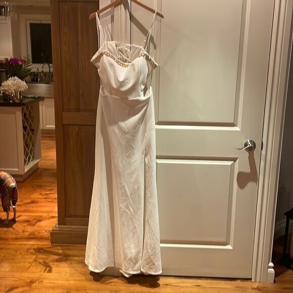 Xscape Amabella lace up long strapless scuba crepe white embelishment 16 wedding