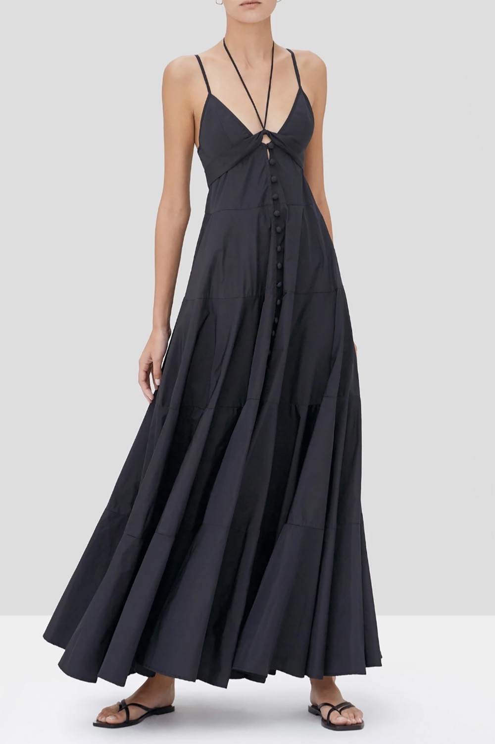 $495 ALEXIS “Sabelle” tafetta tiered button halter maxi dress – Black – M