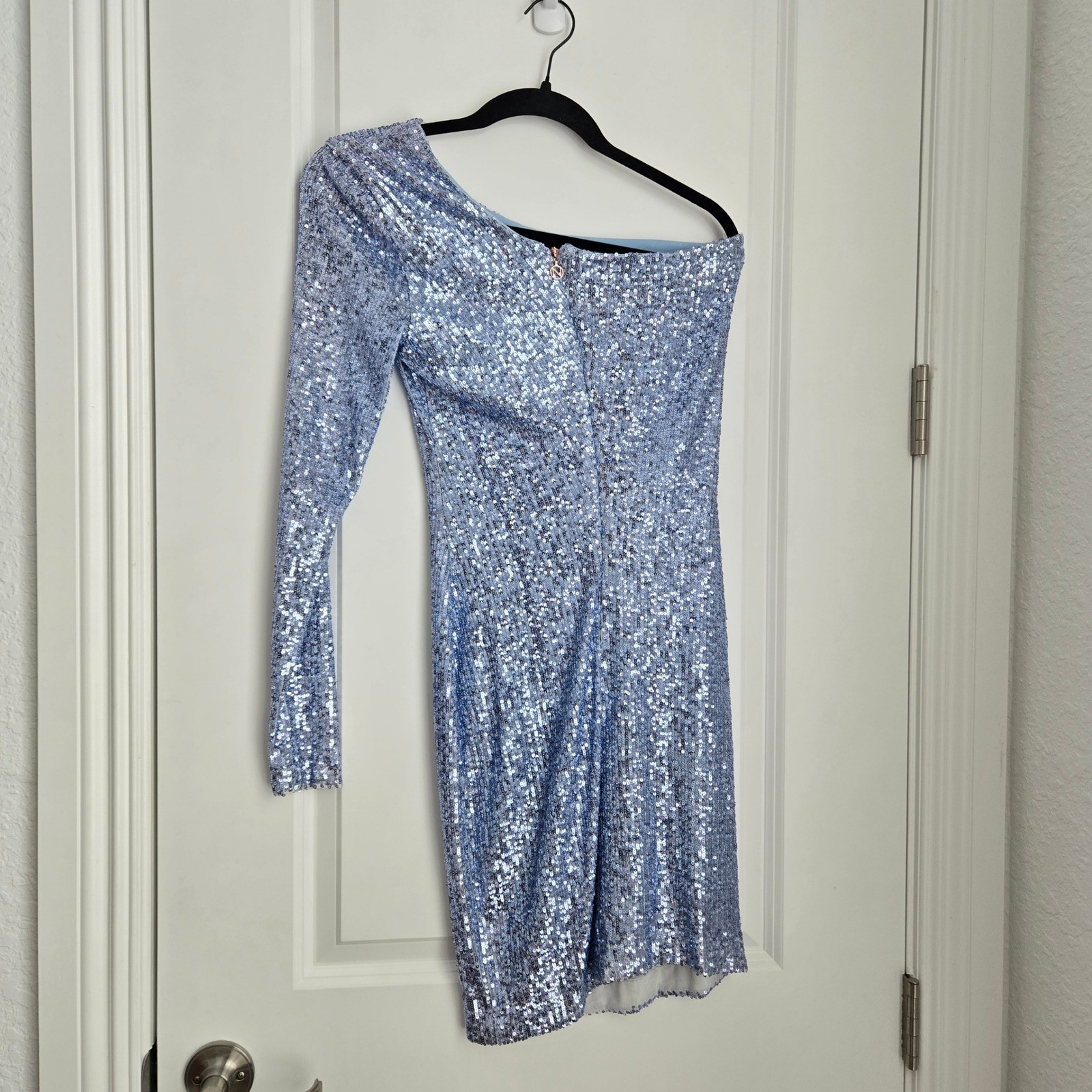 Nookie Womens One Shoulder Sequin Mini Dress Light Blue Long Sleeve Small
