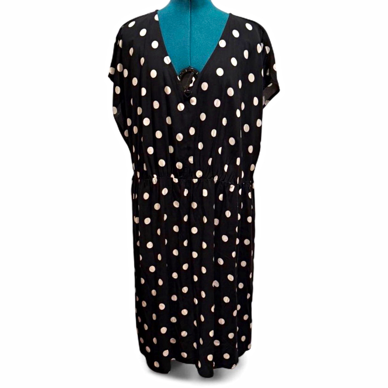 Ava & Viv Women’s 1X Black White Polka Dot V-Neck Kimono Shift Dress Pockets