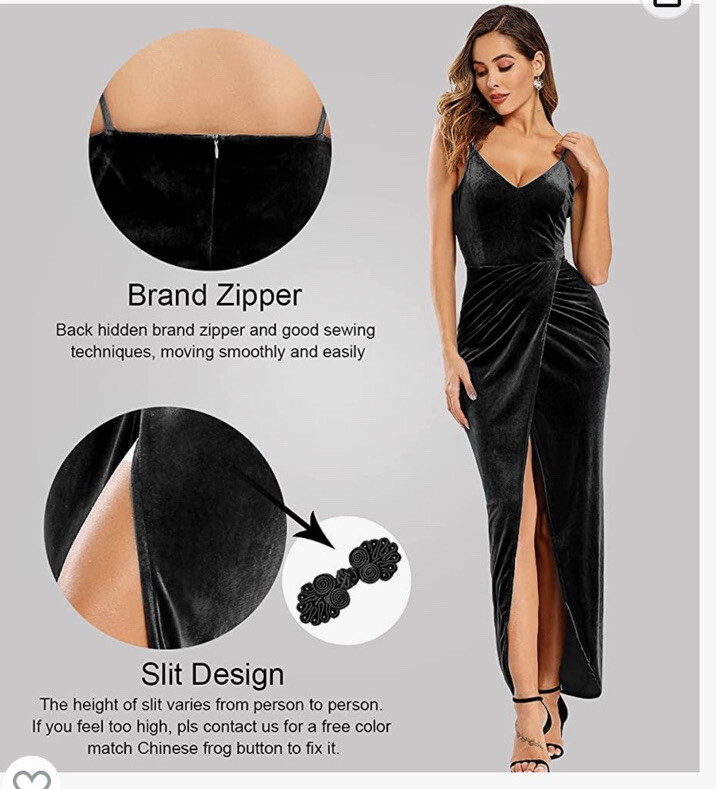 Ababalaya Size L Black Velvet Party Dress Maxi Slit Spaghetti Strap