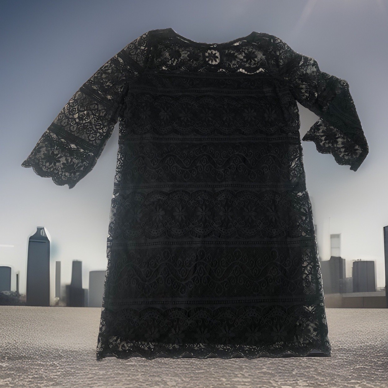 Max Studio Black Lace Dress Medium M 3/4 Sleeve Scalloped Eyelash Hem Shift⁠