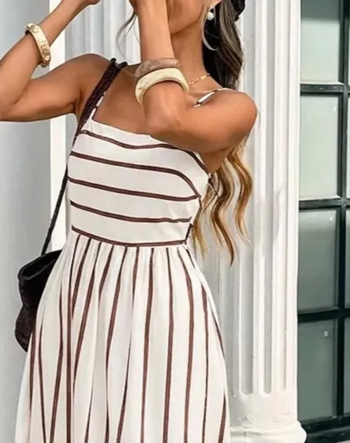 Playful Cut Out Backless Fall Transitional Maxi Cream w Tan Stripes Dress
