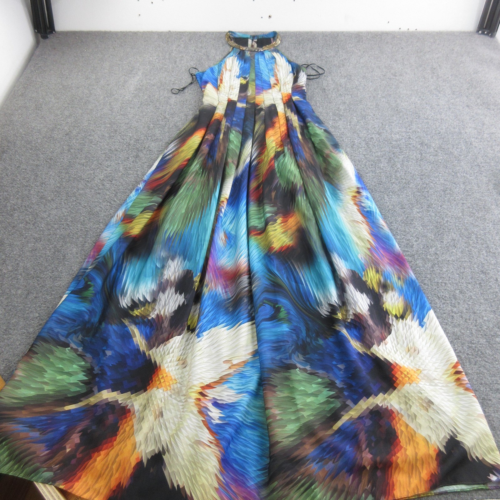Ranna Gill Dress Womens S Multicolor Geometric Chiffon Halter Maxi Beaded Gown