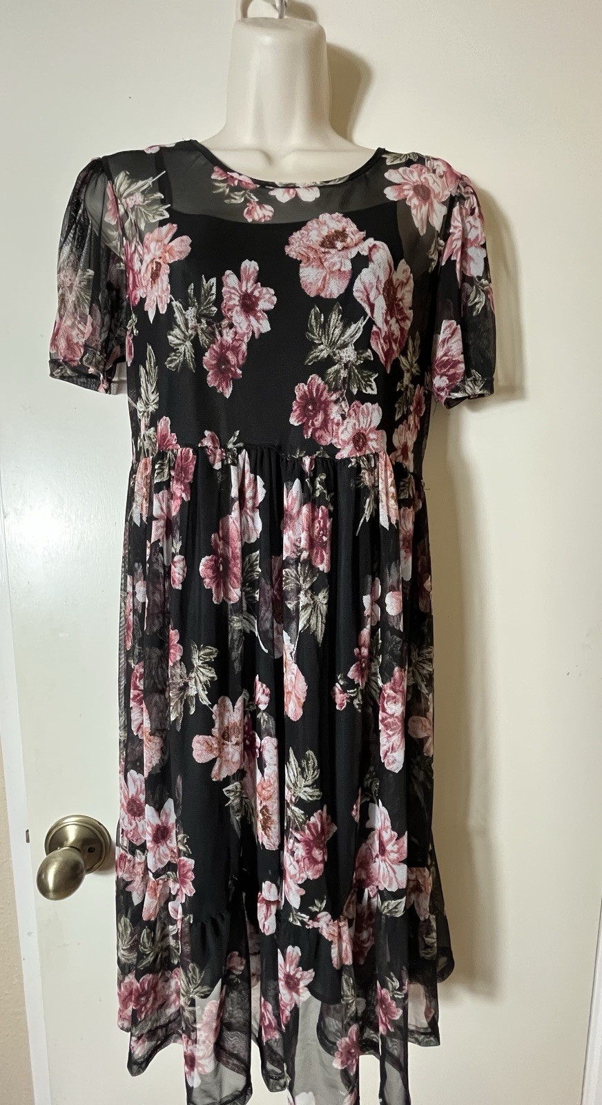 Wilde Dress SZ L Floral Mesh Empire Dress with Slip Tiered Skirt Ruffle Hem