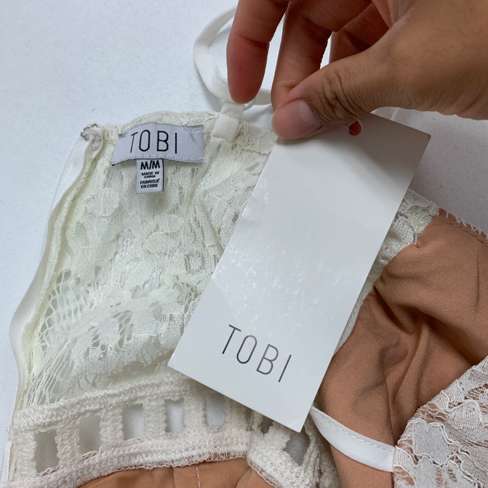 Tobi Dress Womens M Medium Ivory Nude Floral Lace Overlay Back Zip Mini Dress