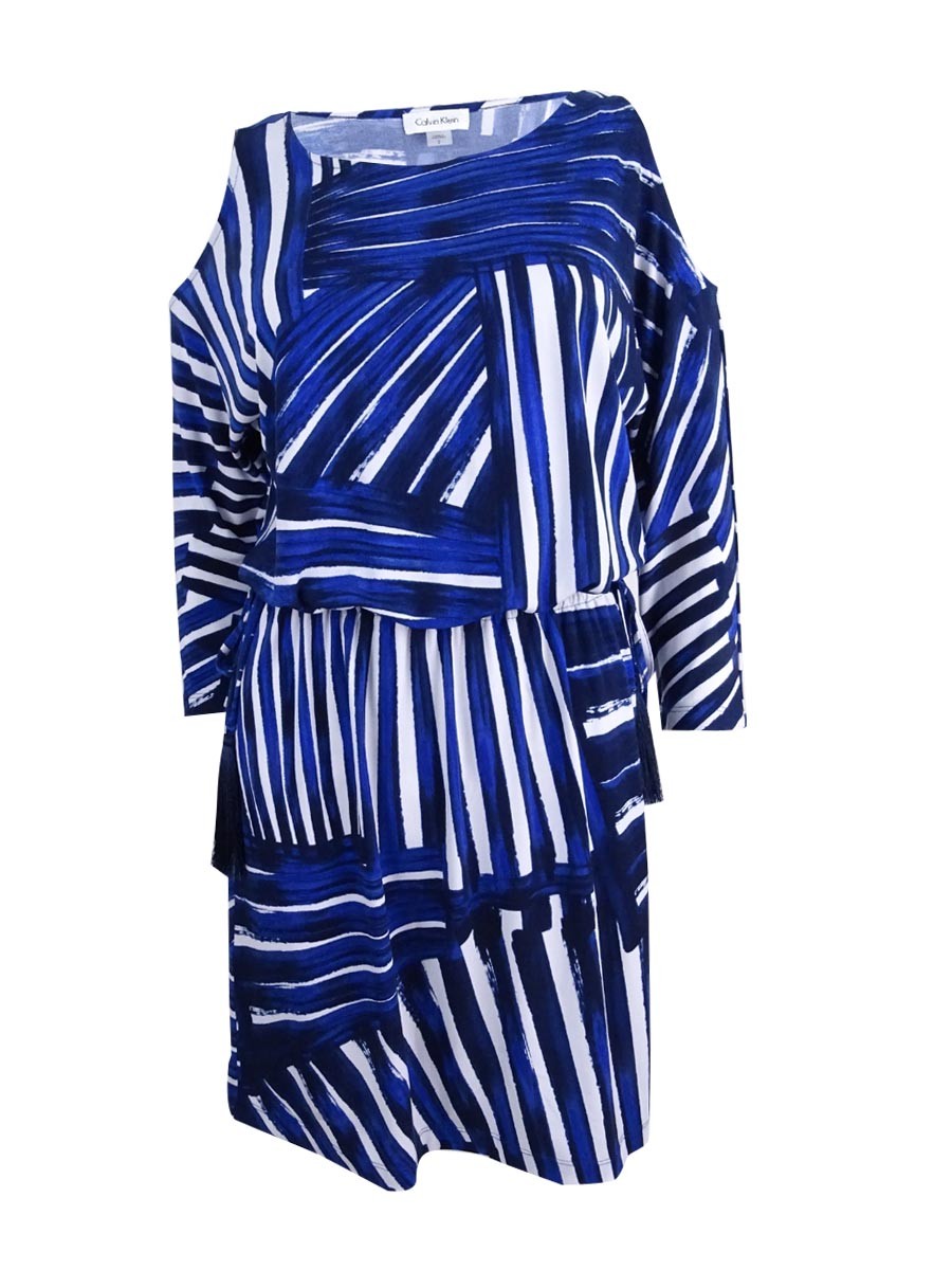 Calvin Klein Women’s Printed Cold-Shoulder Blouson Dress (8, Regatta Multi)